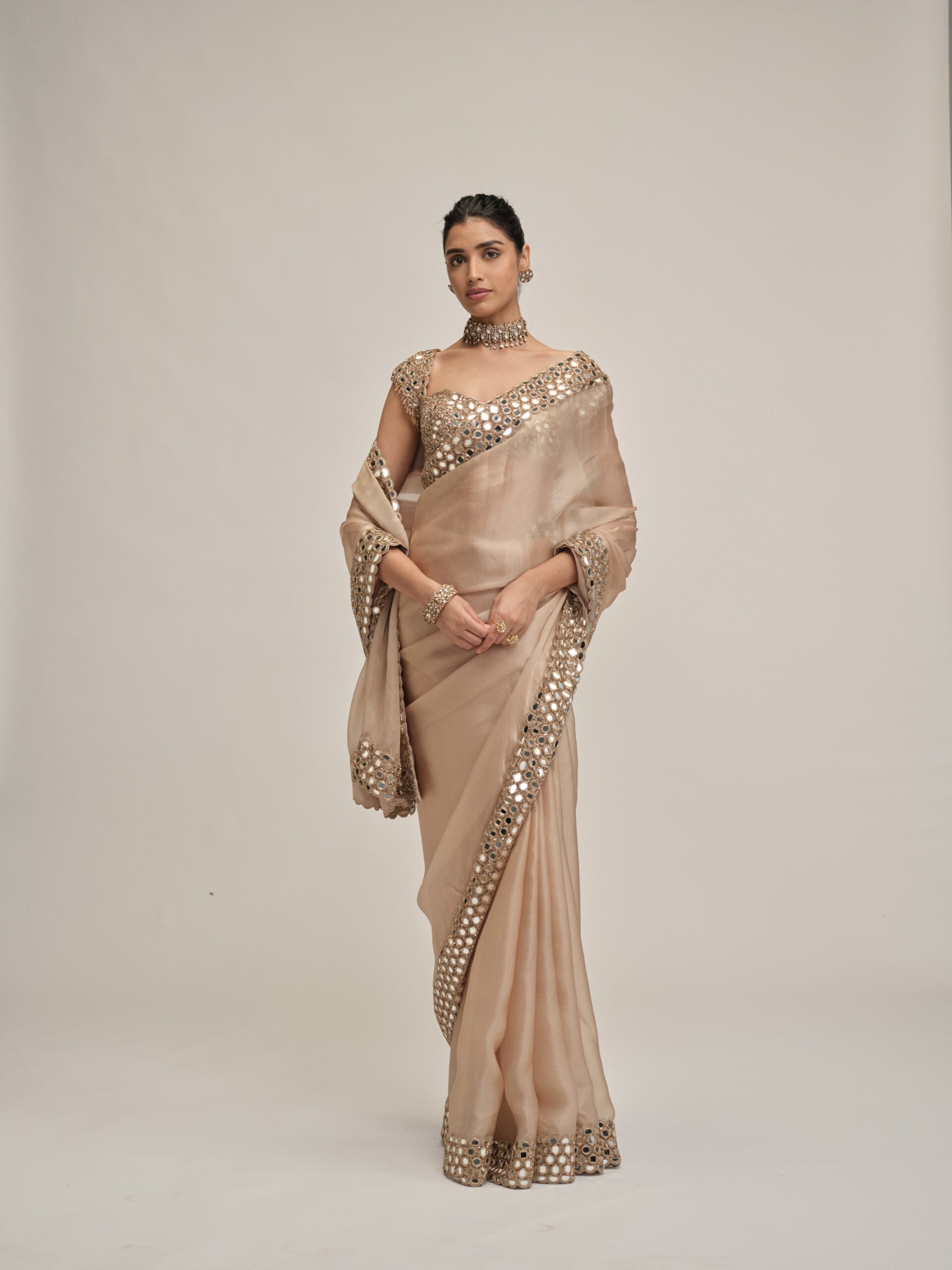 Light Beige Mirror Border Saree Set 3