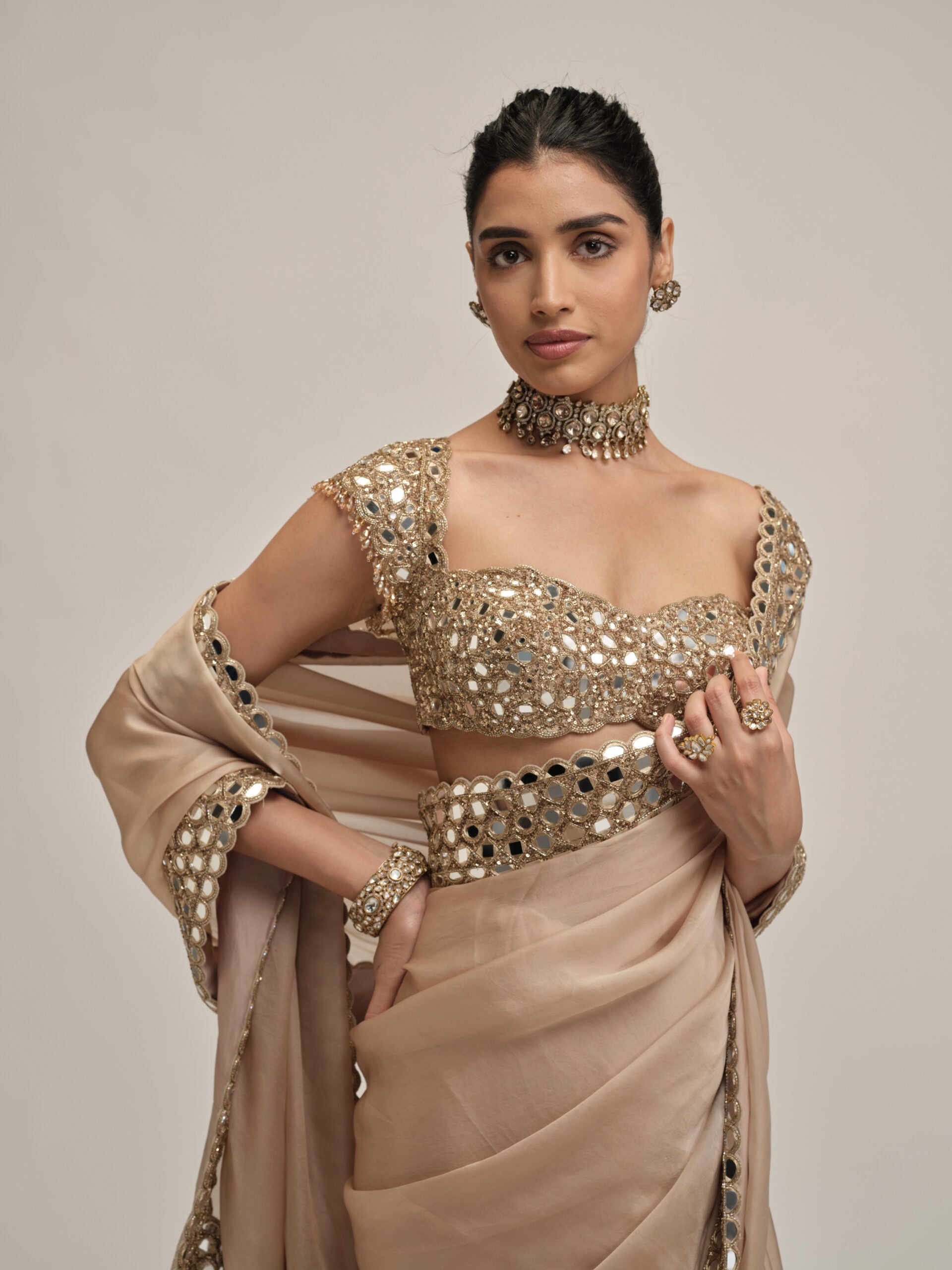 Light Beige Mirror Border Saree Set 2