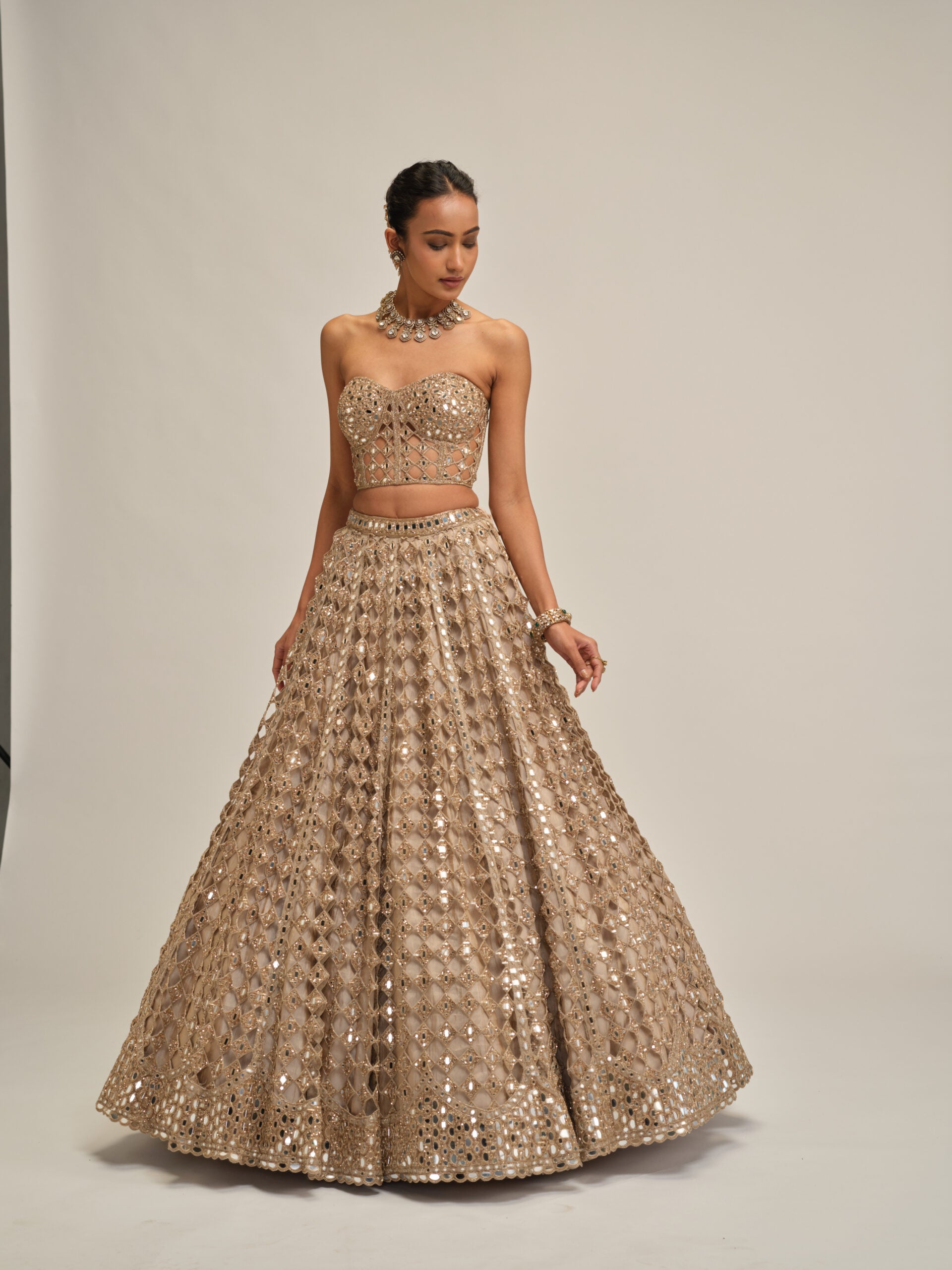 Light Beige Diamond Mirror Cutwork Crop Top Skirt Set 1