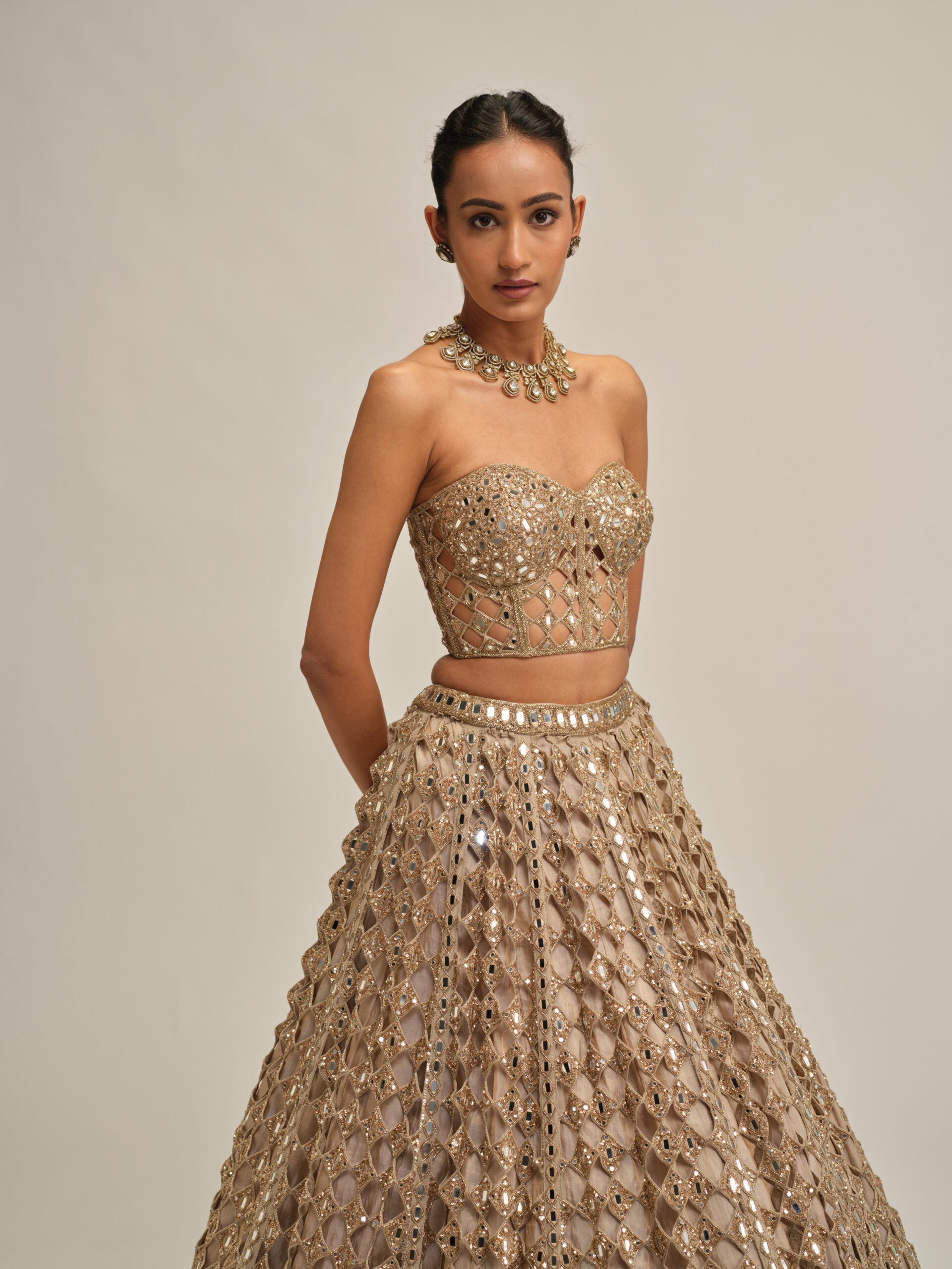 Light Beige Diamond Mirror Cutwork Crop Top Skirt Set 2