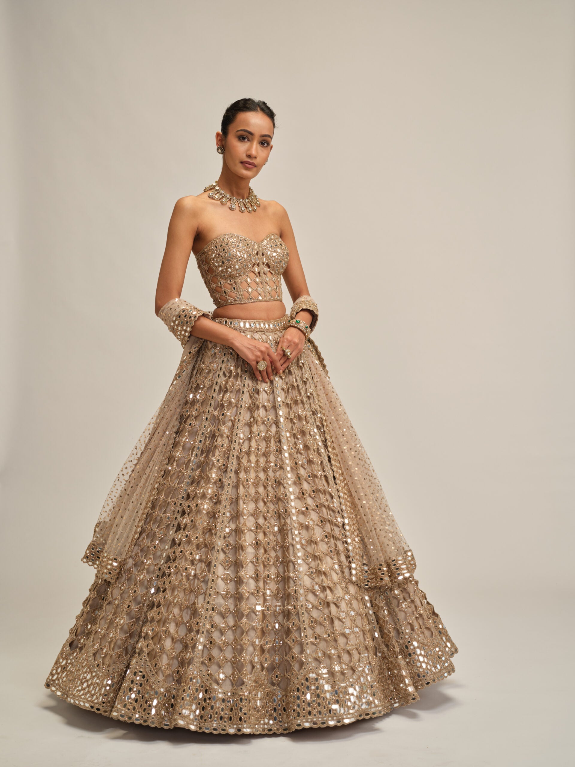 Light Beige Diamond Mirror Cutwork Lehenga With Corset Set 1