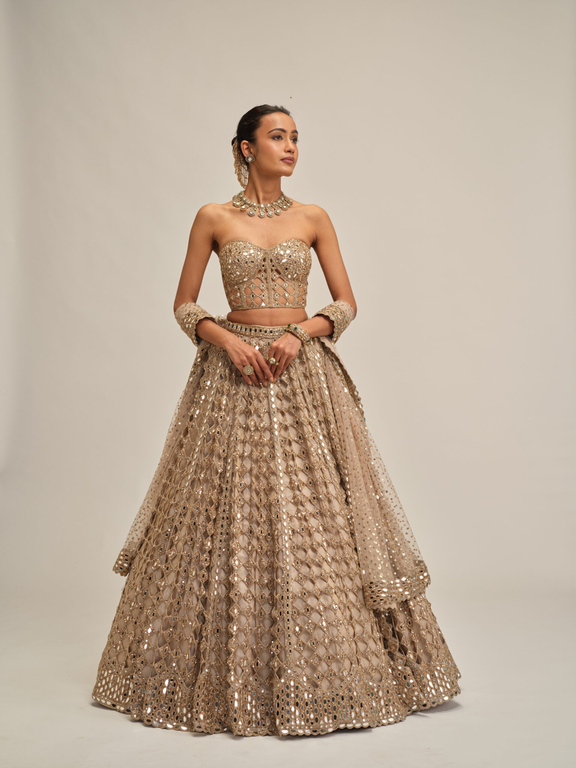 Light Beige Diamond Mirror Cutwork Lehenga With Corset Set 2