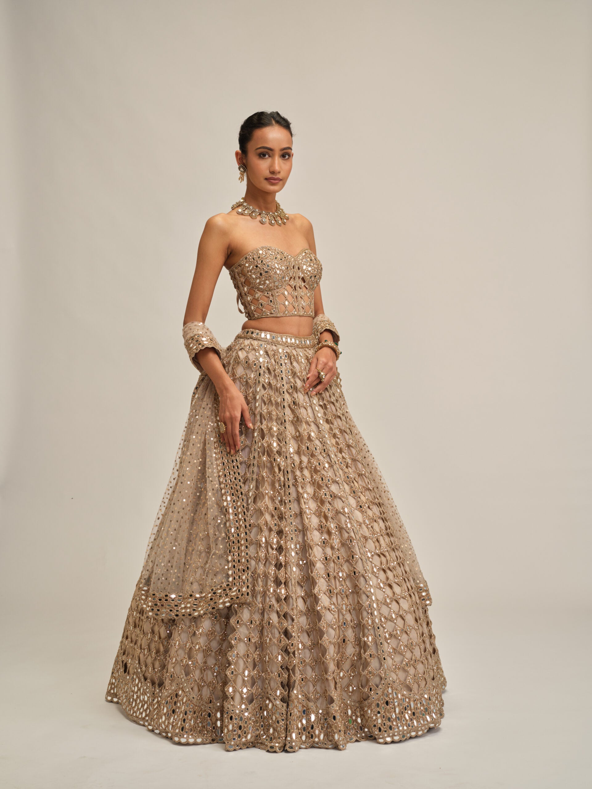 Light Beige Diamond Mirror Cutwork Lehenga With Corset Set 4