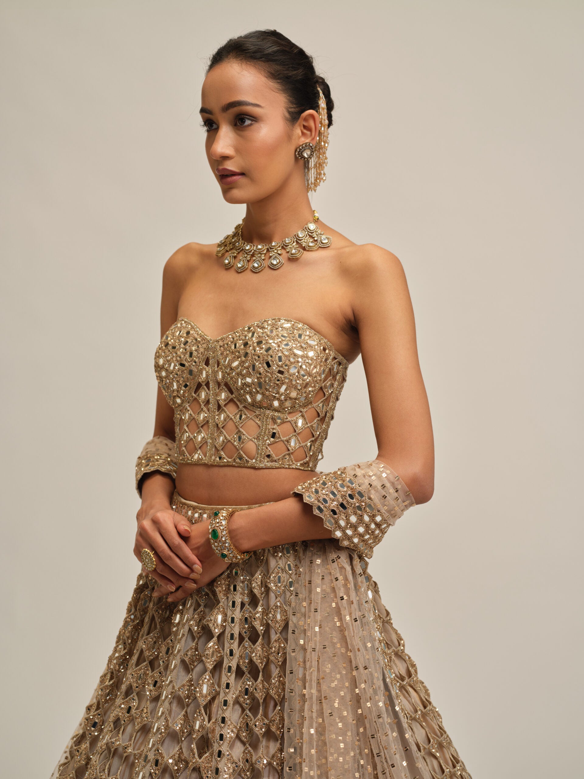Light Beige Diamond Mirror Cutwork Lehenga With Corset Set 3