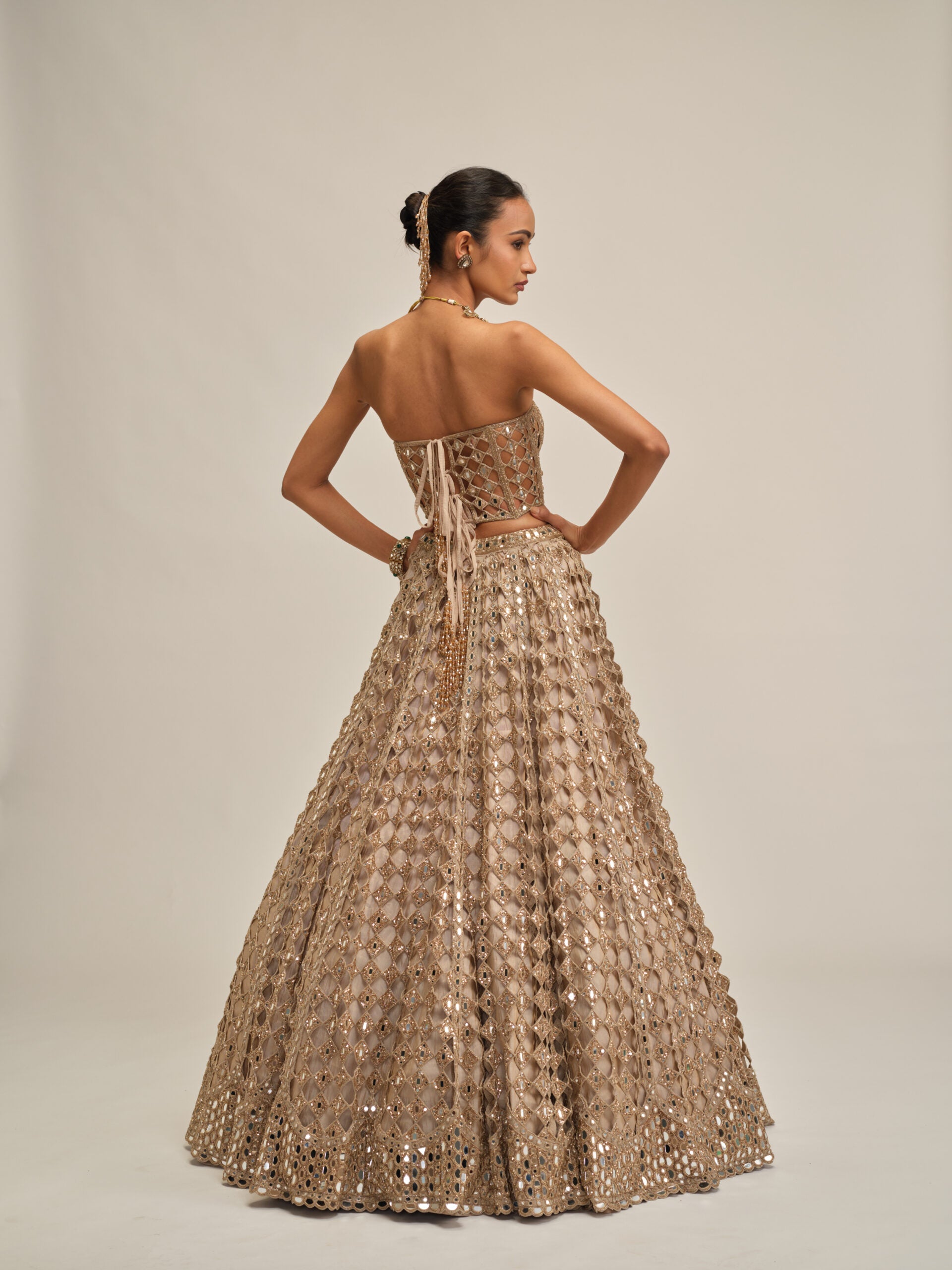 Light Beige Diamond Mirror Cutwork Crop Top Skirt Set 4