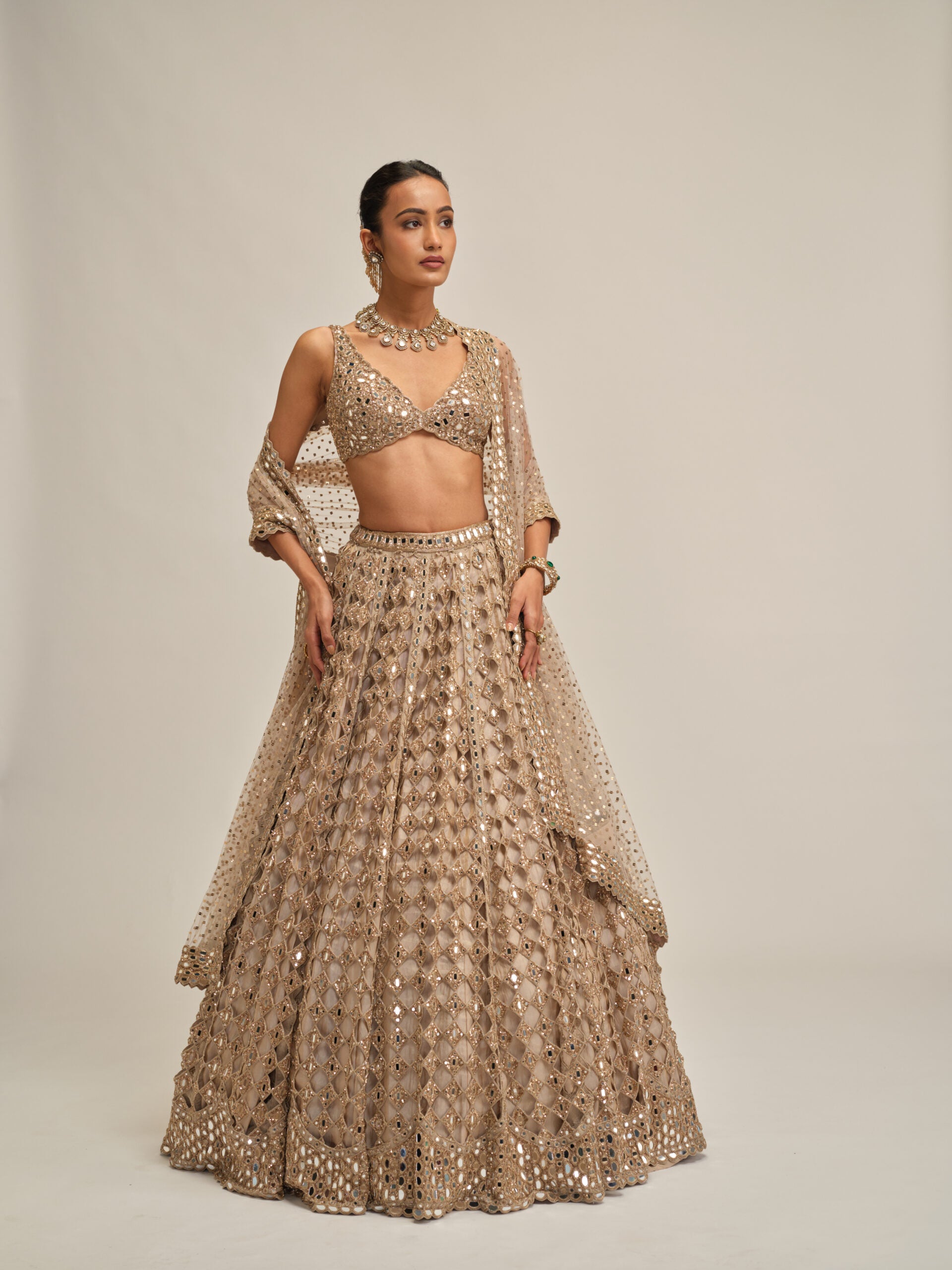 Light Beige Diamond Mirror Cutwork Lehenga Set 5