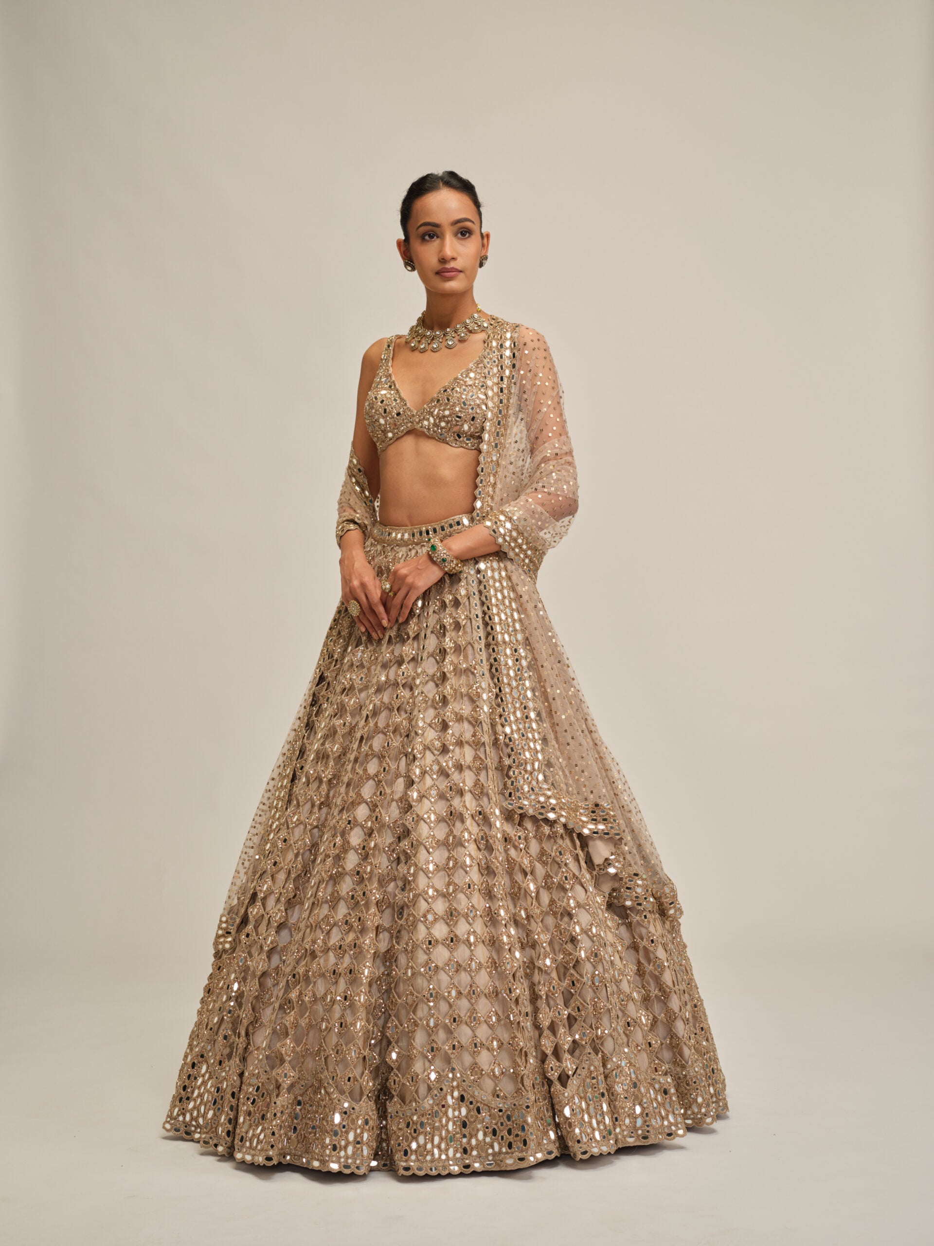 Light Beige Diamond Mirror Cutwork Lehenga Set 4