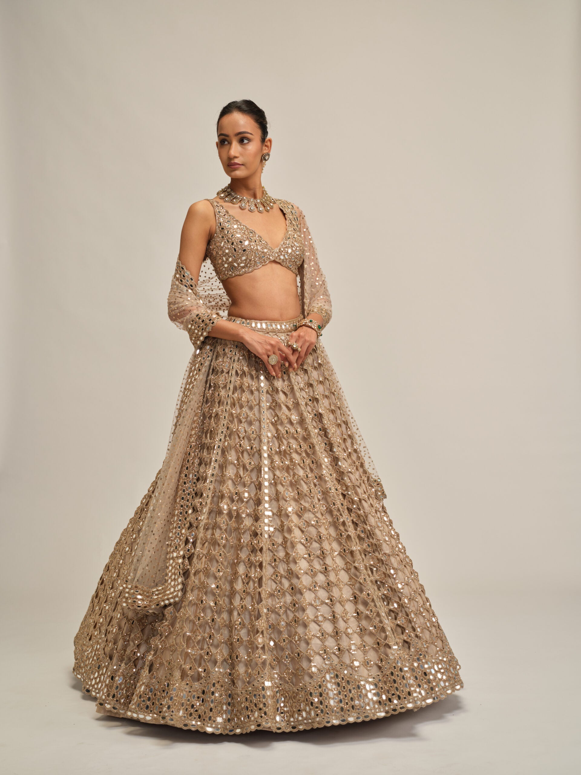 Light Beige Diamond Mirror Cutwork Lehenga Set 3