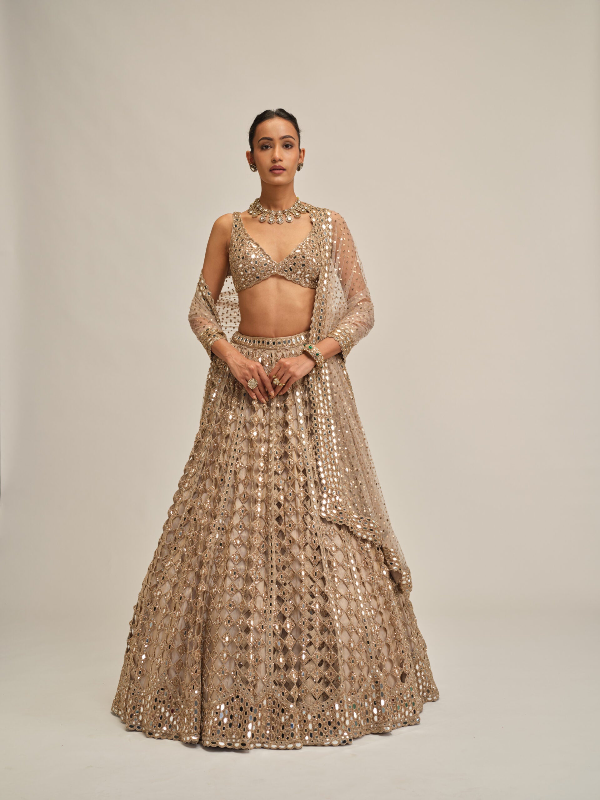 Light Beige Diamond Mirror Cutwork Lehenga Set 1