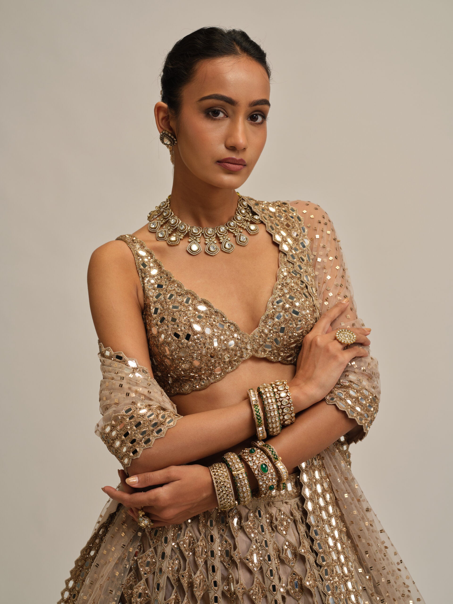 Light Beige Diamond Mirror Cutwork Lehenga Set 2
