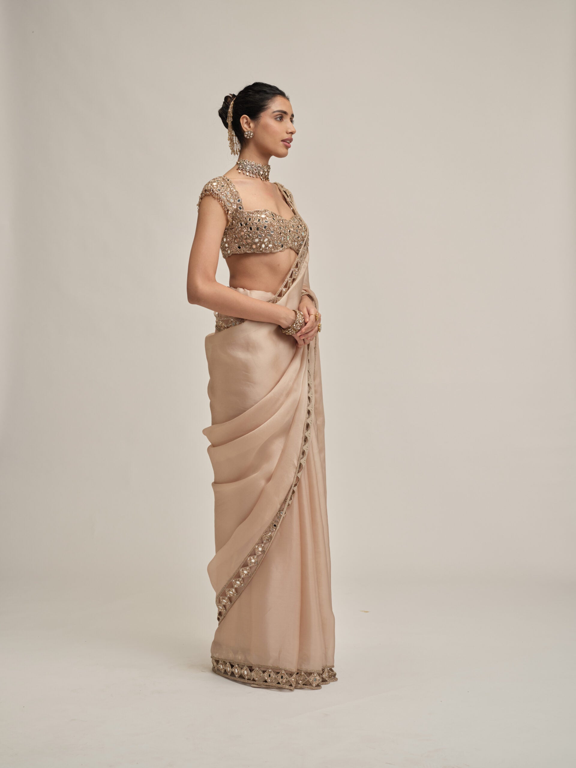 Light Beige Diamond Cutwork Border Saree Set 4