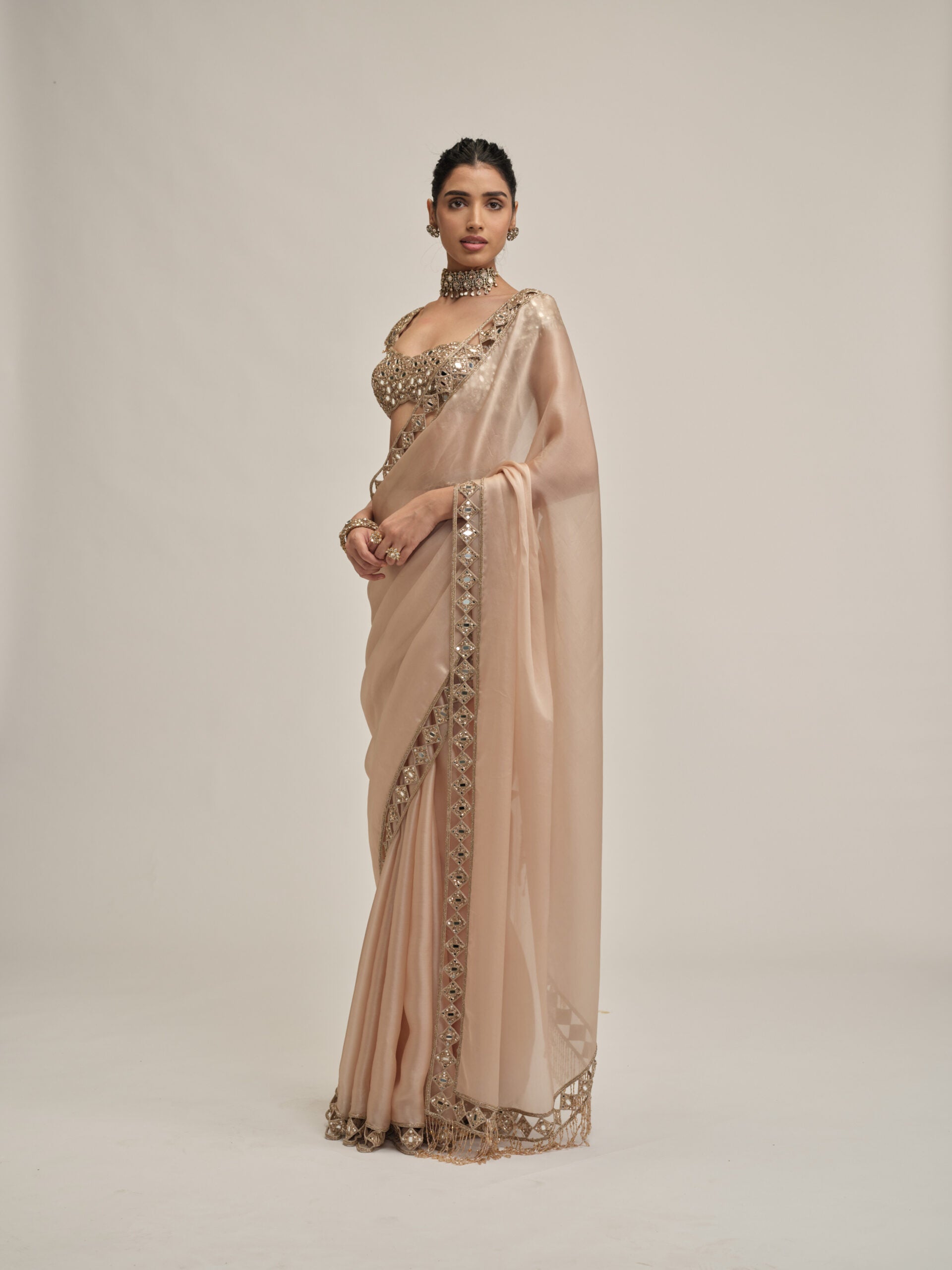 Light Beige Diamond Cutwork Border Saree Set 3
