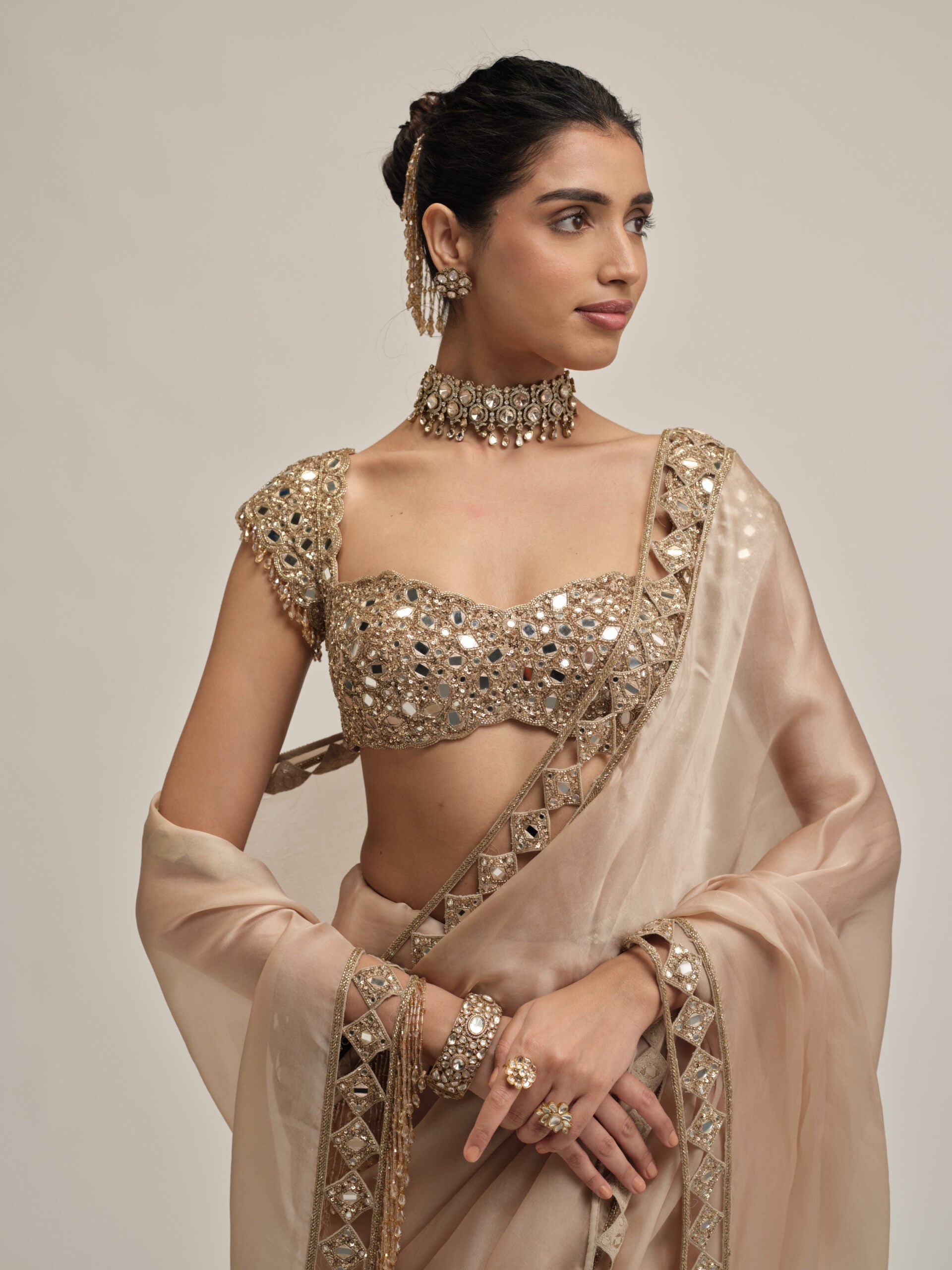 Light Beige Diamond Cutwork Border Saree Set 2