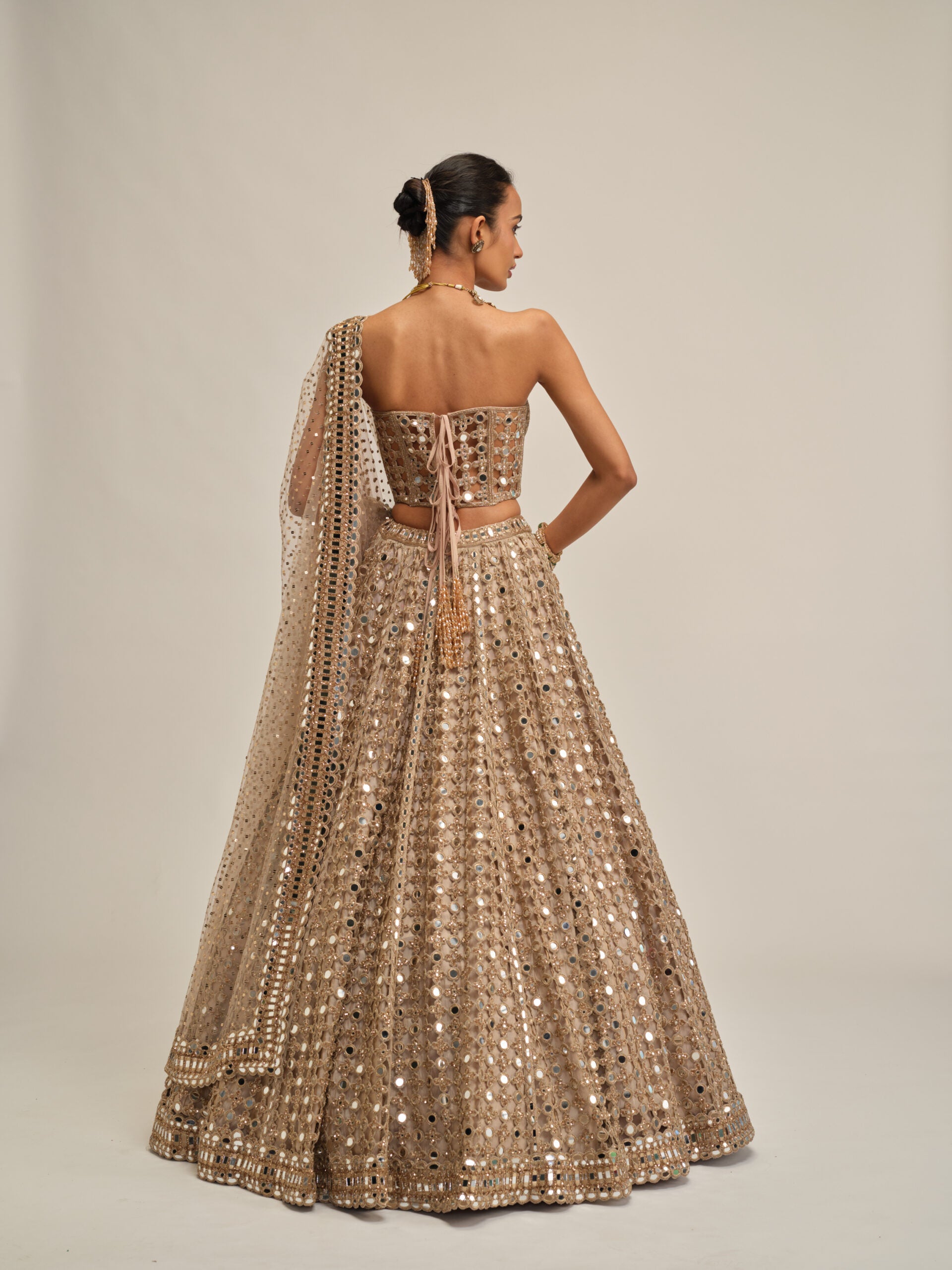 Light Beige Big Mirror Cutwork Lehenga With Corset Set 3