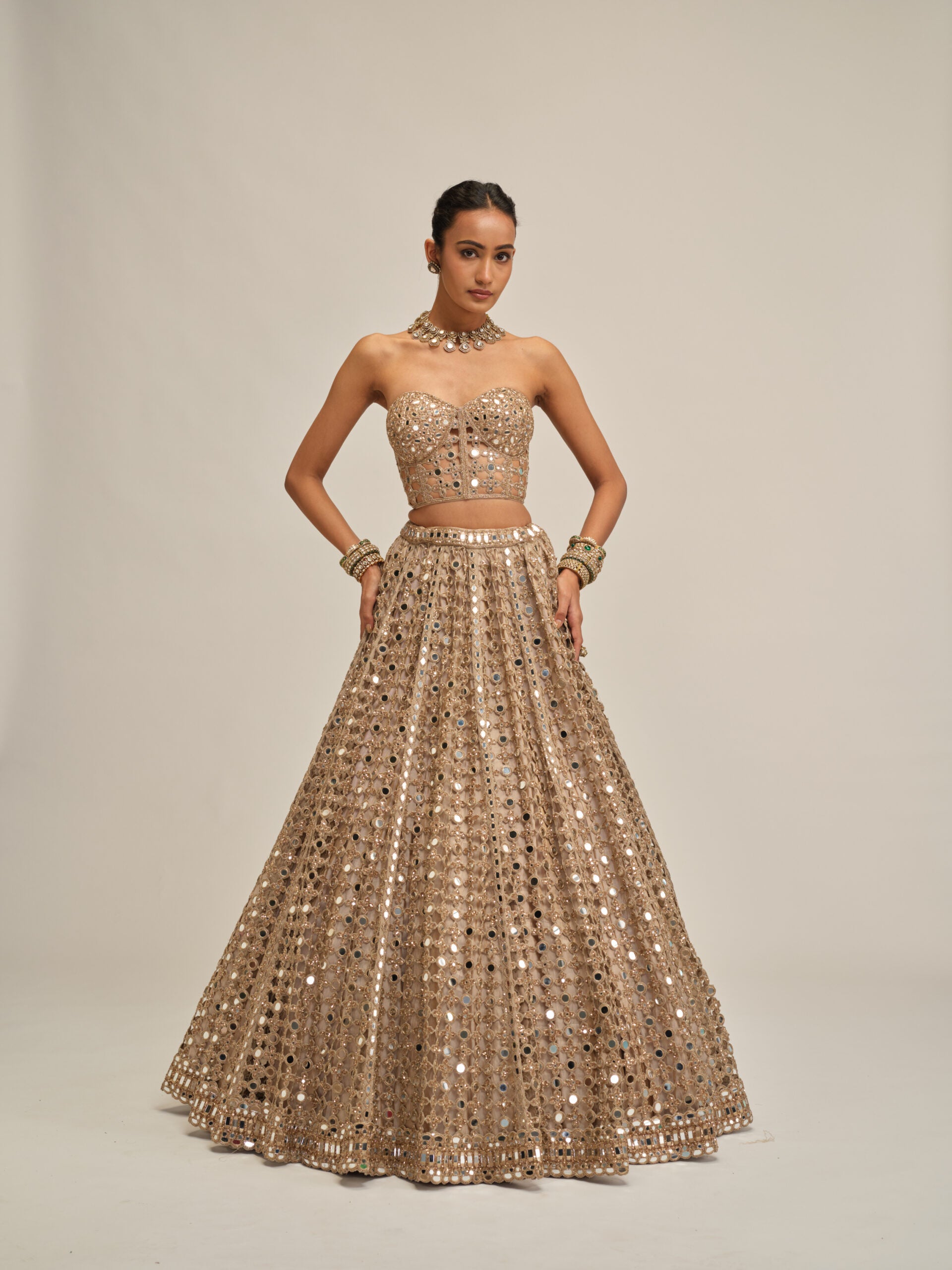 Light Beige Big Mirror Cutwork Crop Top Skirt Set 1