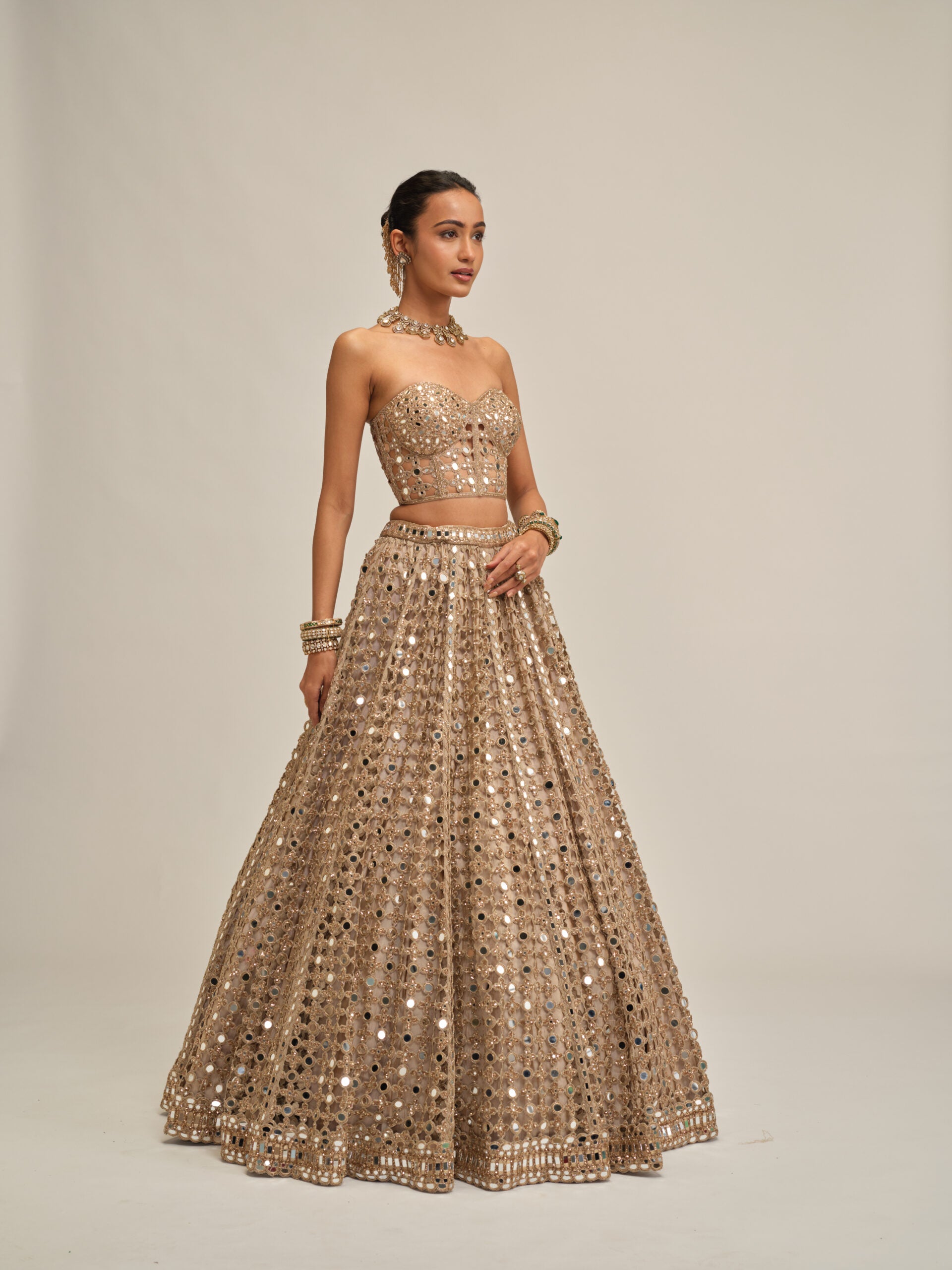 Light Beige Big Mirror Cutwork Crop Top Skirt Set 3
