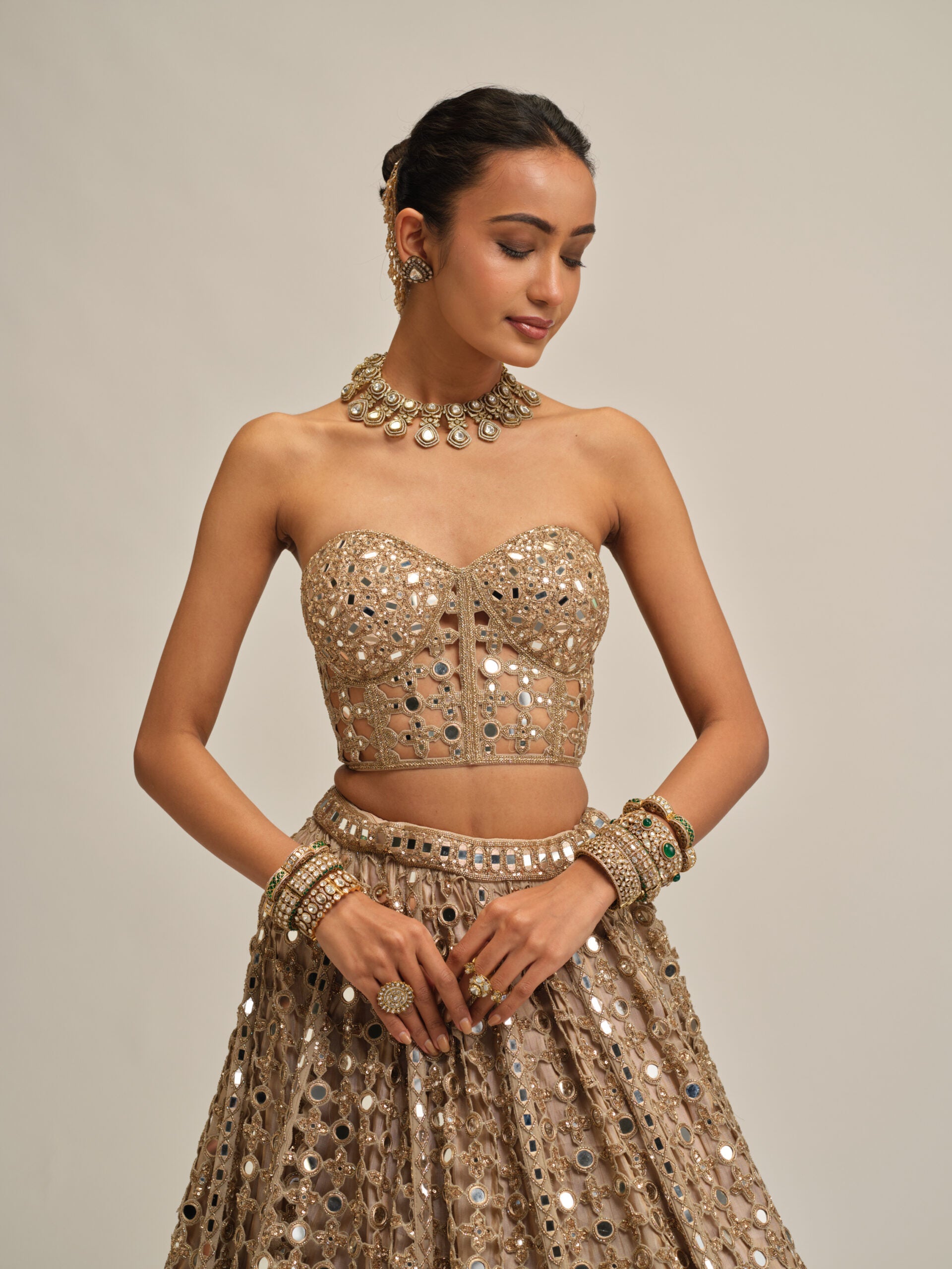 Light Beige Big Mirror Cutwork Crop Top Skirt Set 2