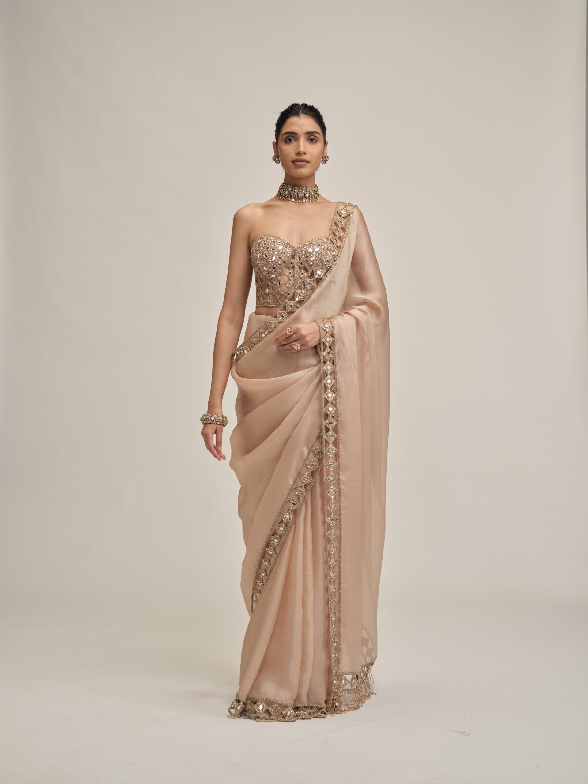 Light Beige Cutwork Border Saree With Corset Set 1