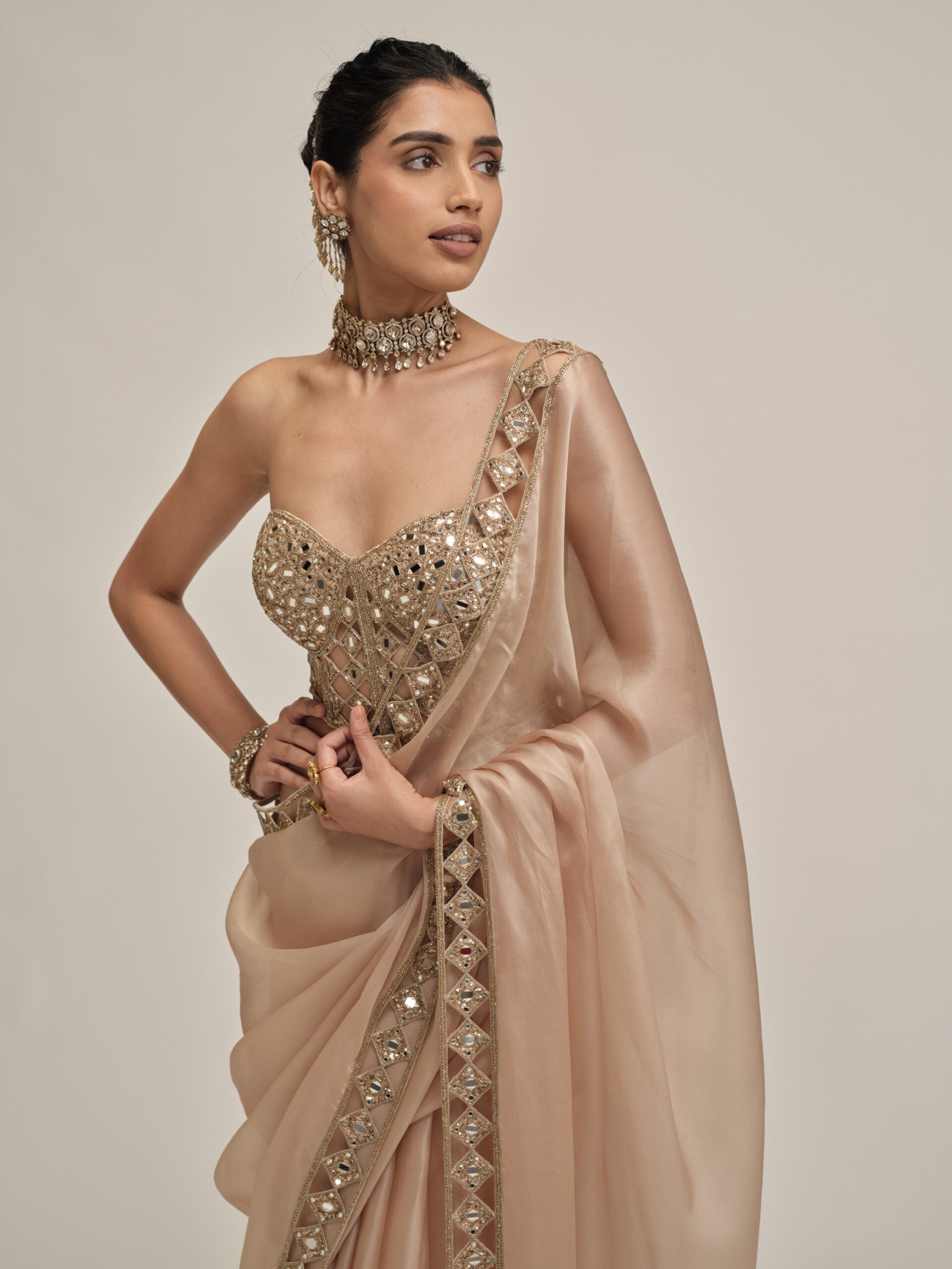 Light Beige Cutwork Border Saree With Corset Set 2