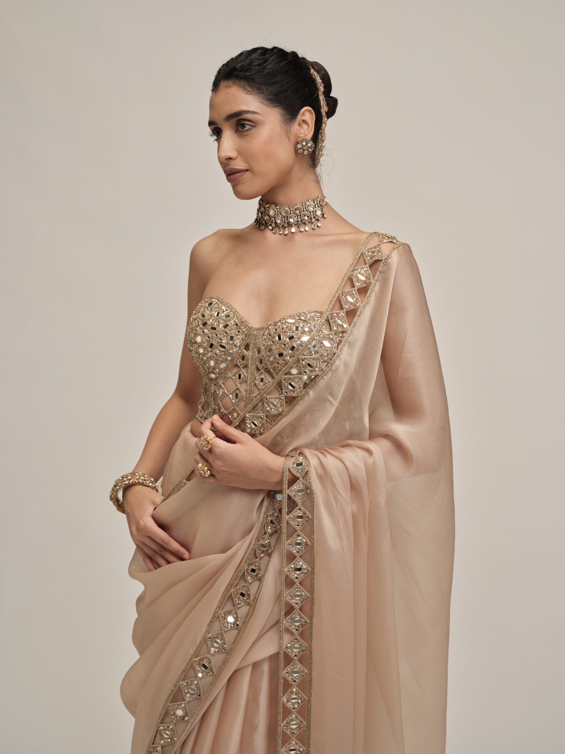 Light Beige Cutwork Border Saree With Corset Set 3