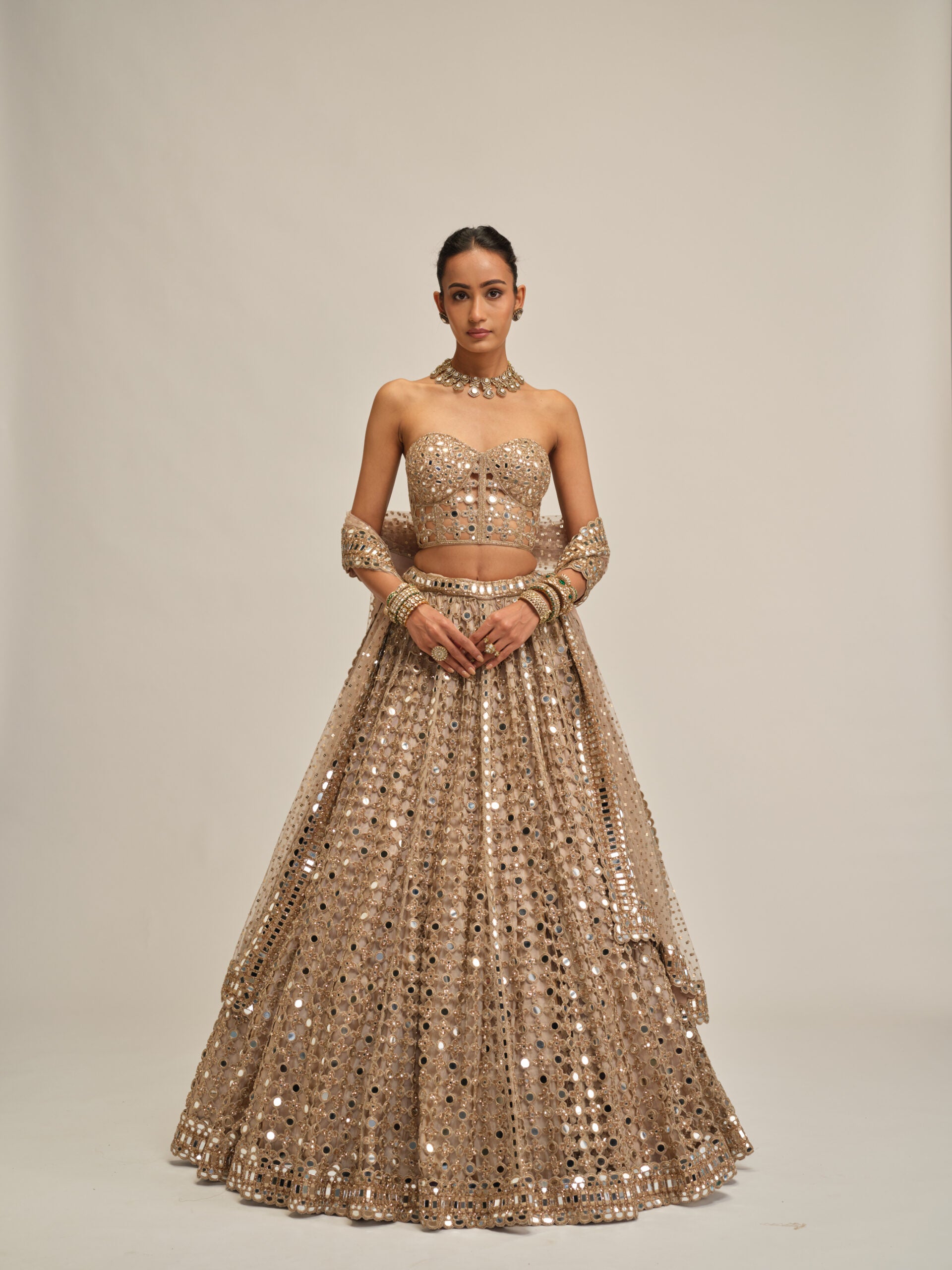 Light Beige Big Mirror Cutwork Lehenga With Corset Set 1