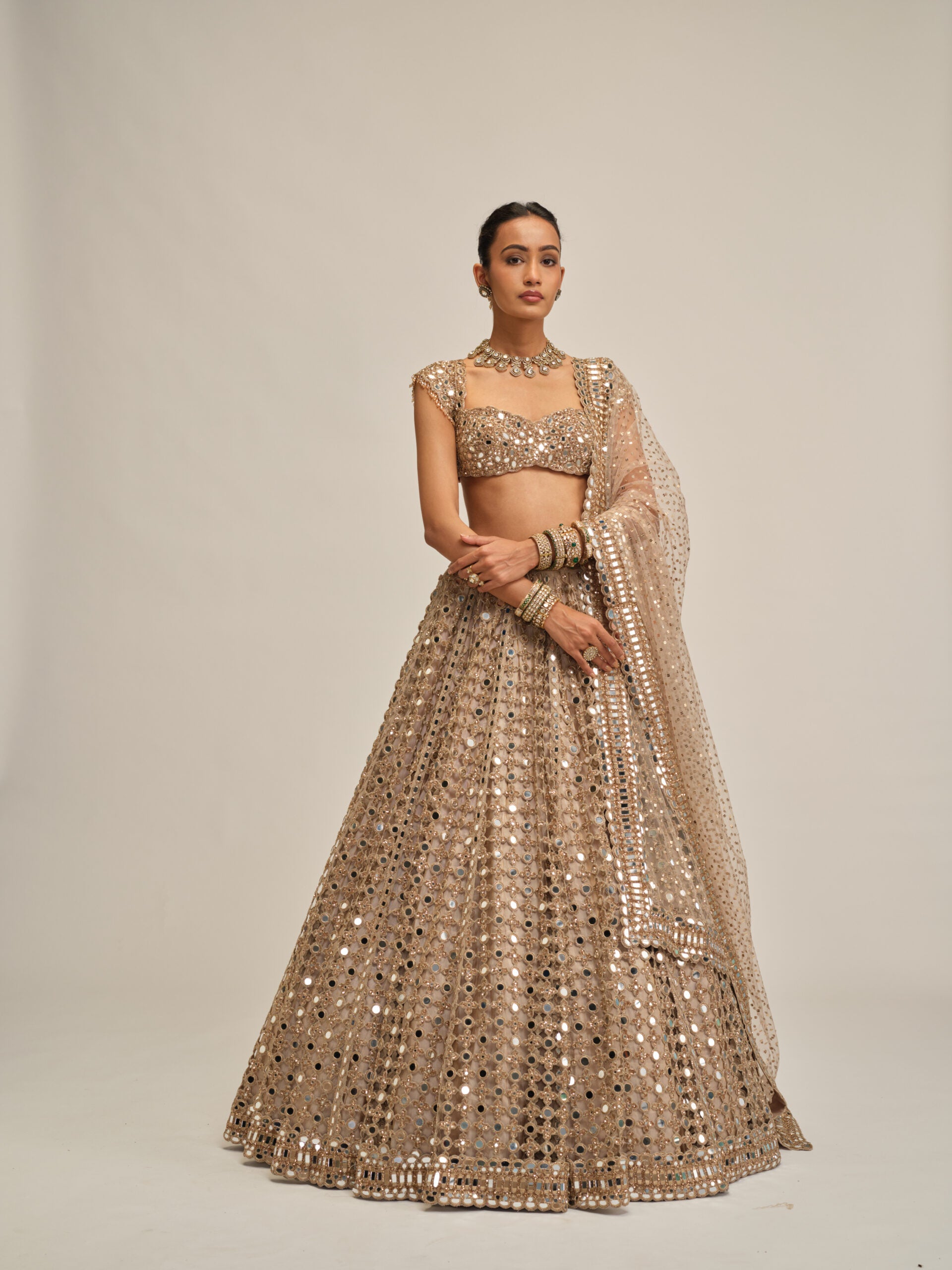 Light Beige Big Mirror Cutwork Lehenga Set 5