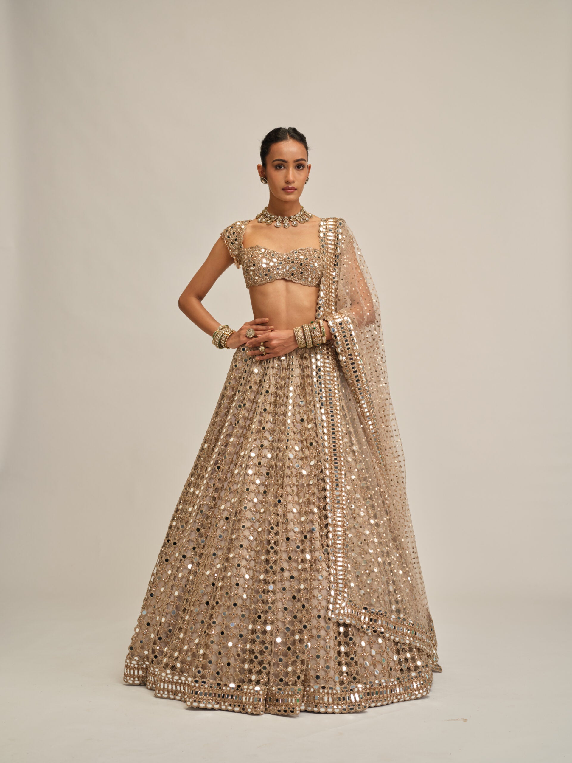 Light Beige Big Mirror Cutwork Lehenga Set 1