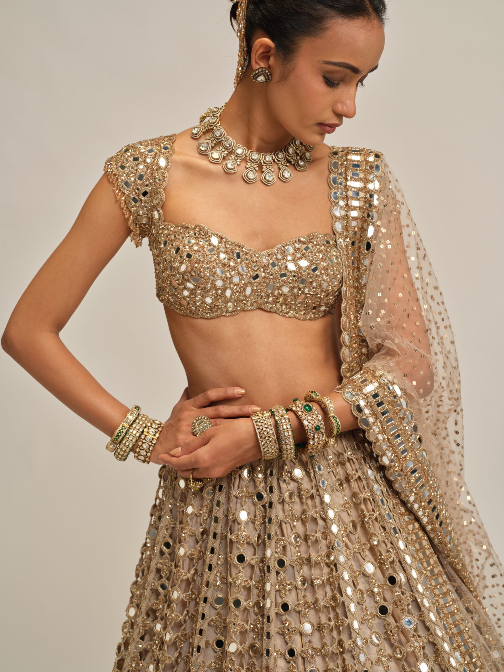 Light Beige Big Mirror Cutwork Lehenga Set 3