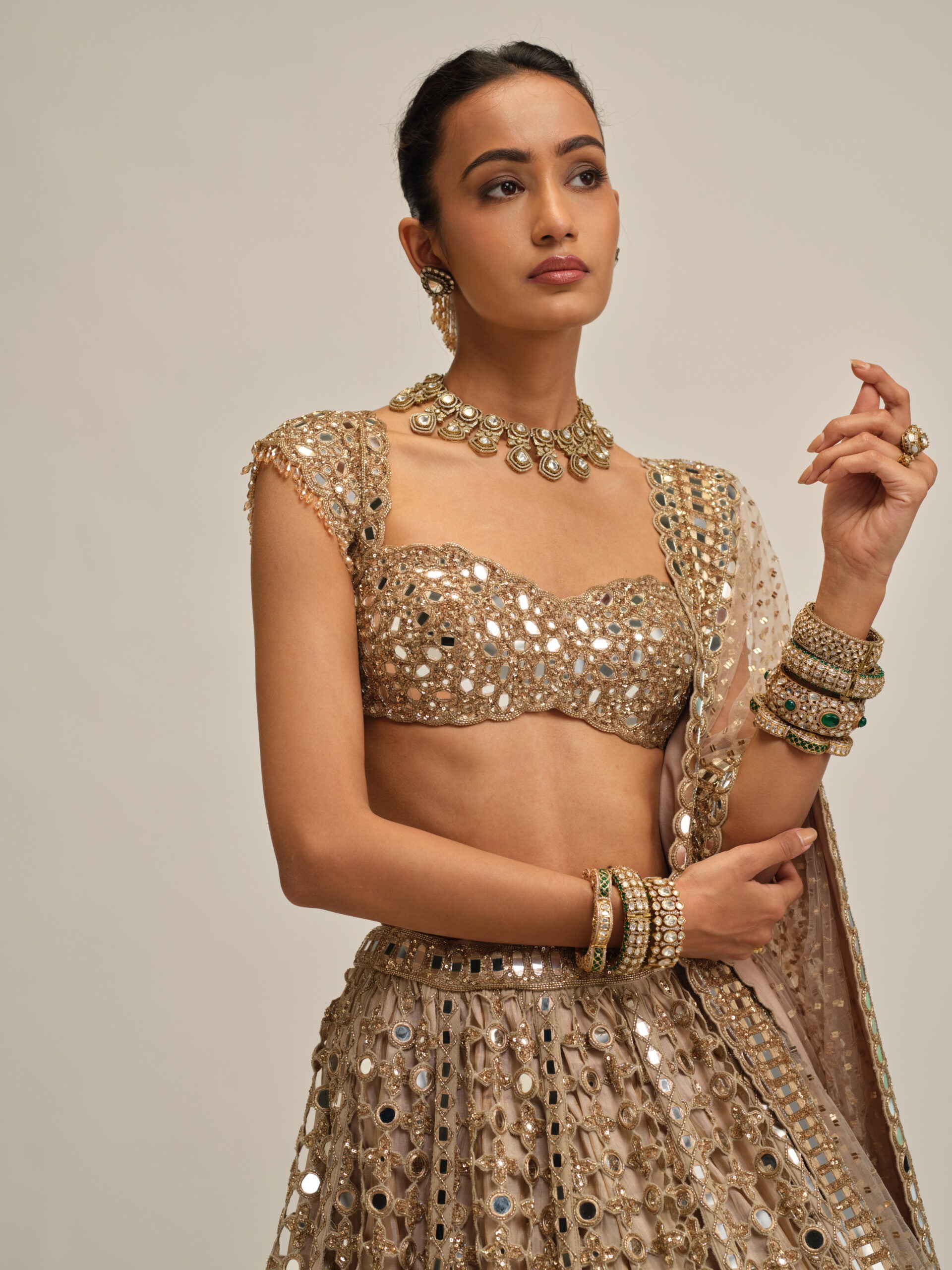 Light Beige Big Mirror Cutwork Lehenga Set 2