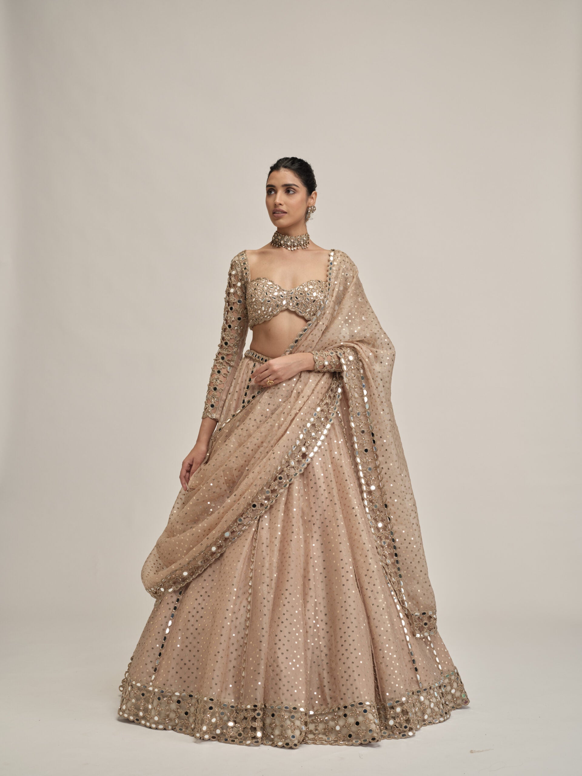 Light Beige Sequins Embroidered Full Sleeves Lehenga Set 5