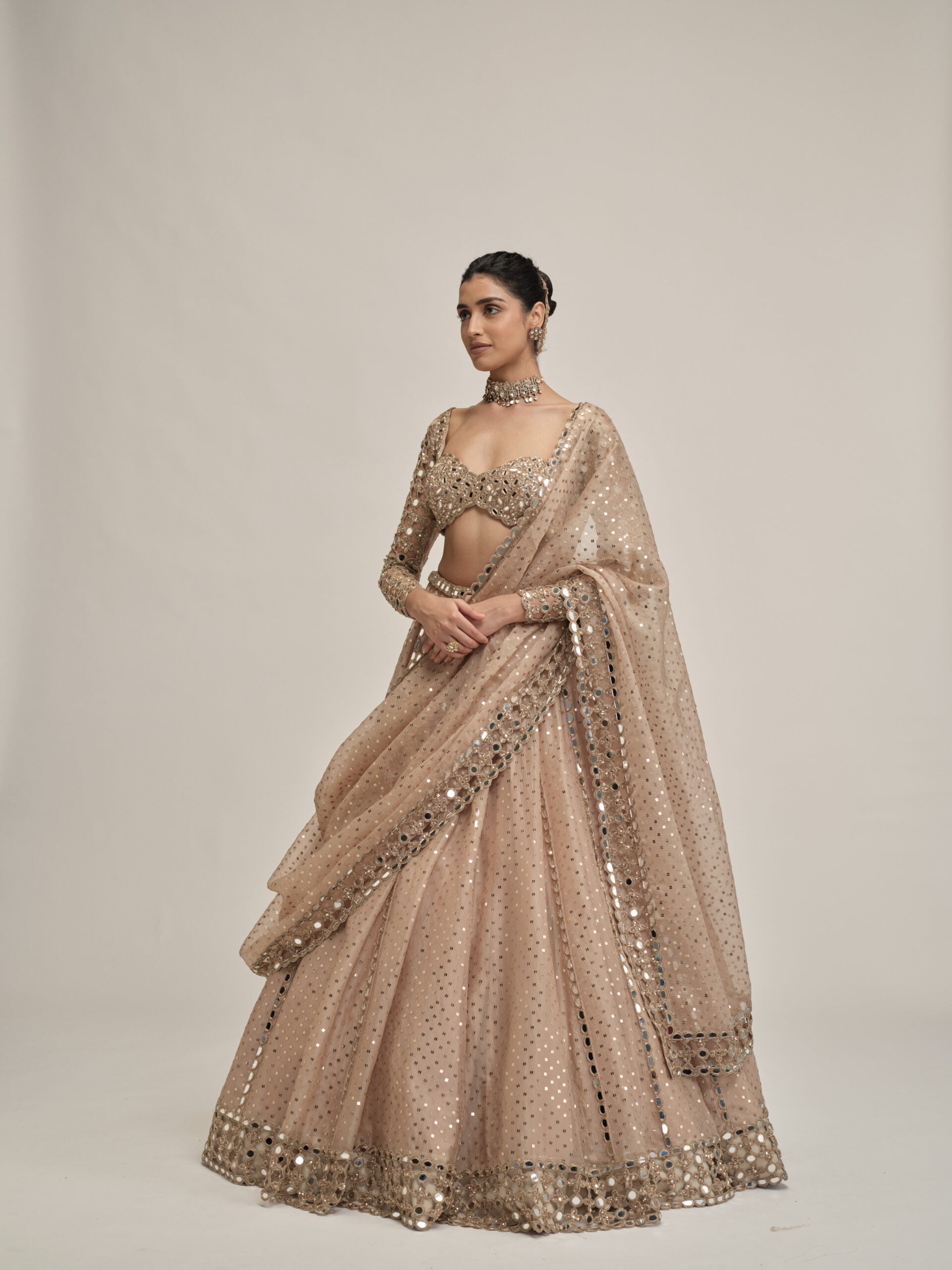Light Beige Sequins Embroidered Full Sleeves Lehenga Set 4