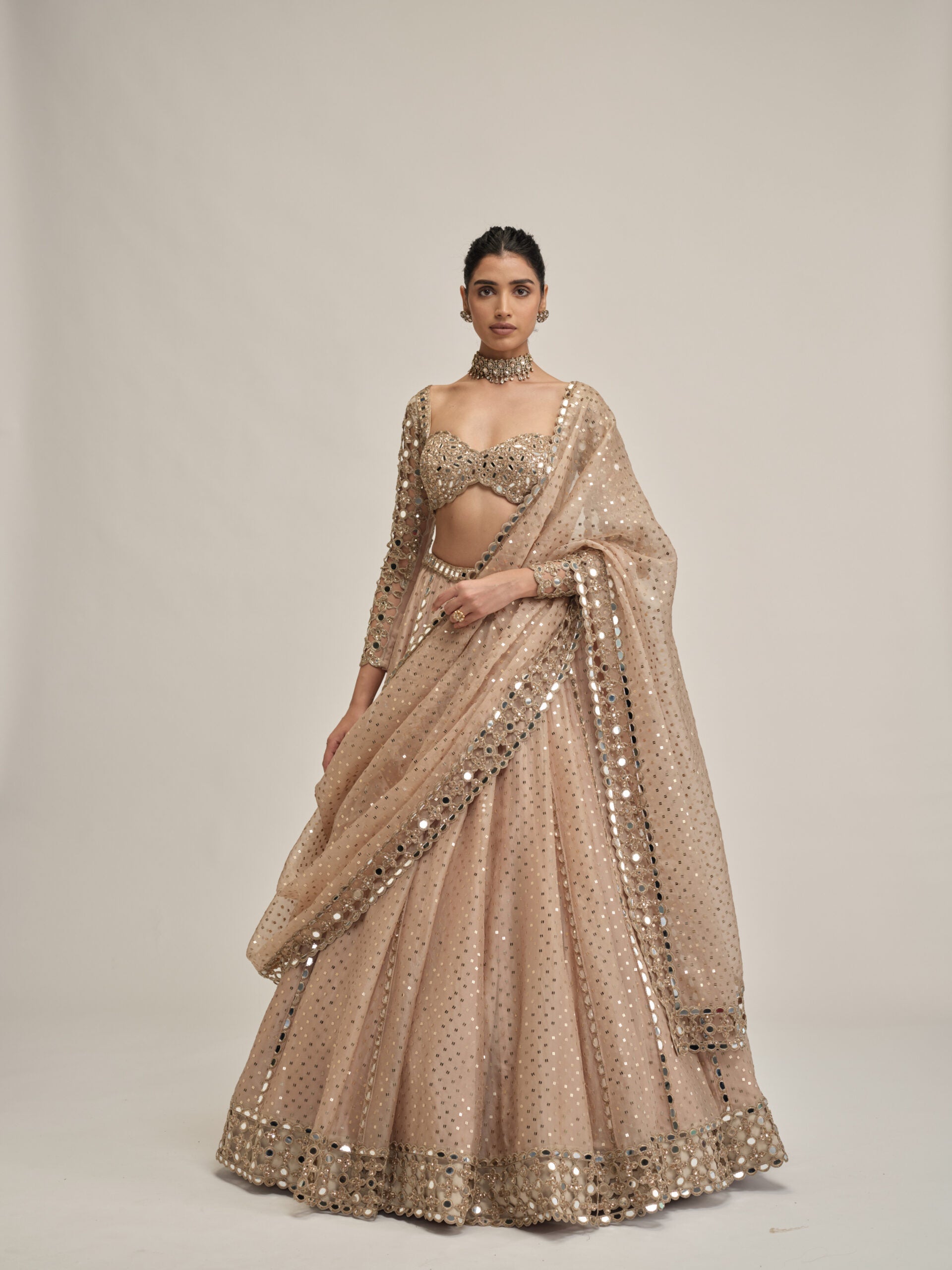 Light Beige Sequins Embroidered Full Sleeves Lehenga Set 1
