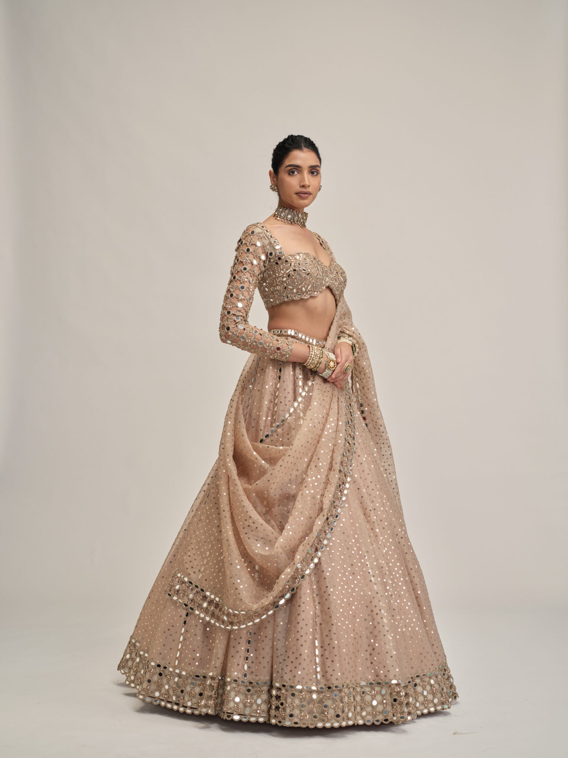 Light Beige Sequins Embroidered Full Sleeves Lehenga Set 3