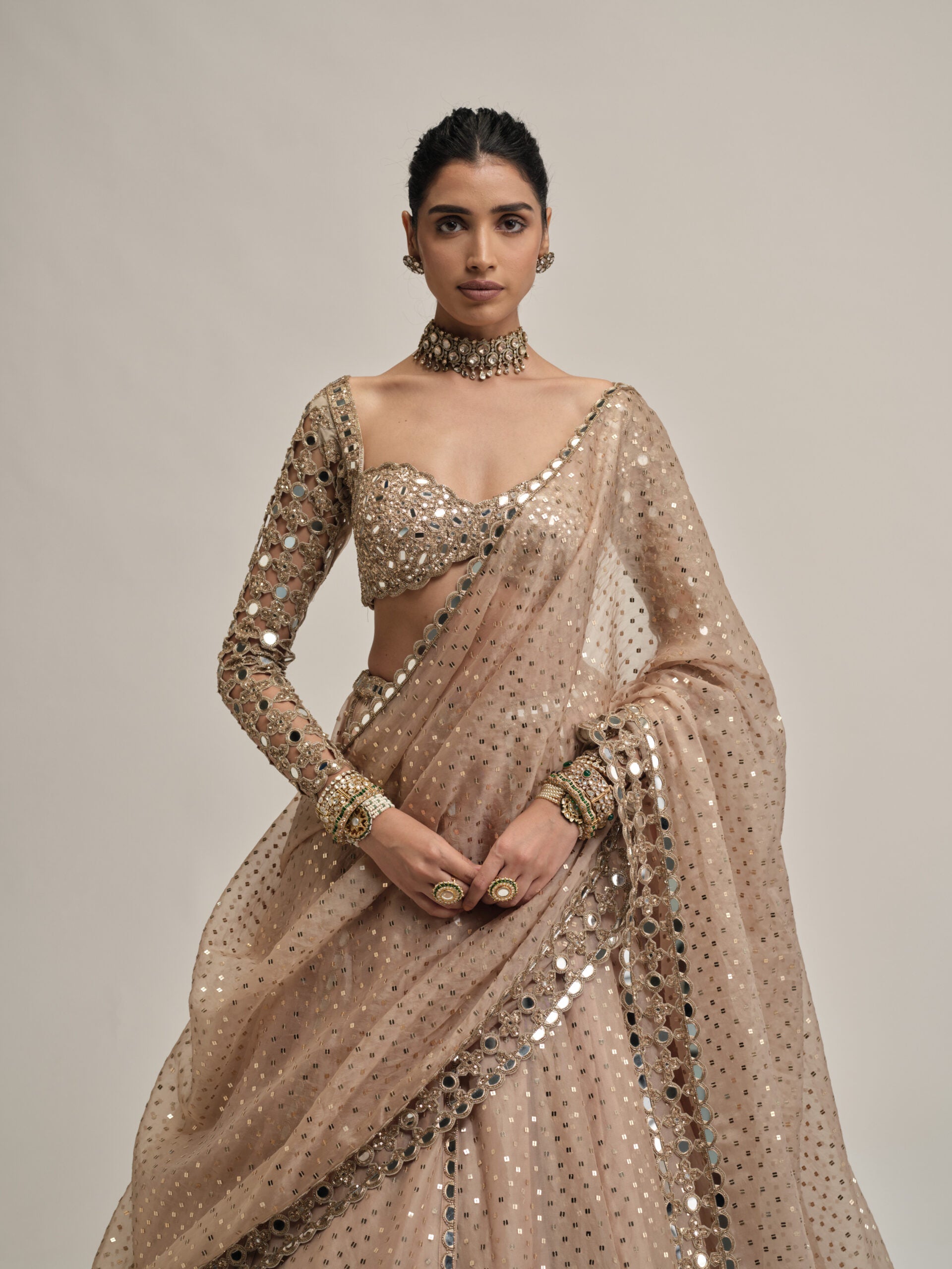 Light Beige Sequins Embroidered Full Sleeves Lehenga Set 2