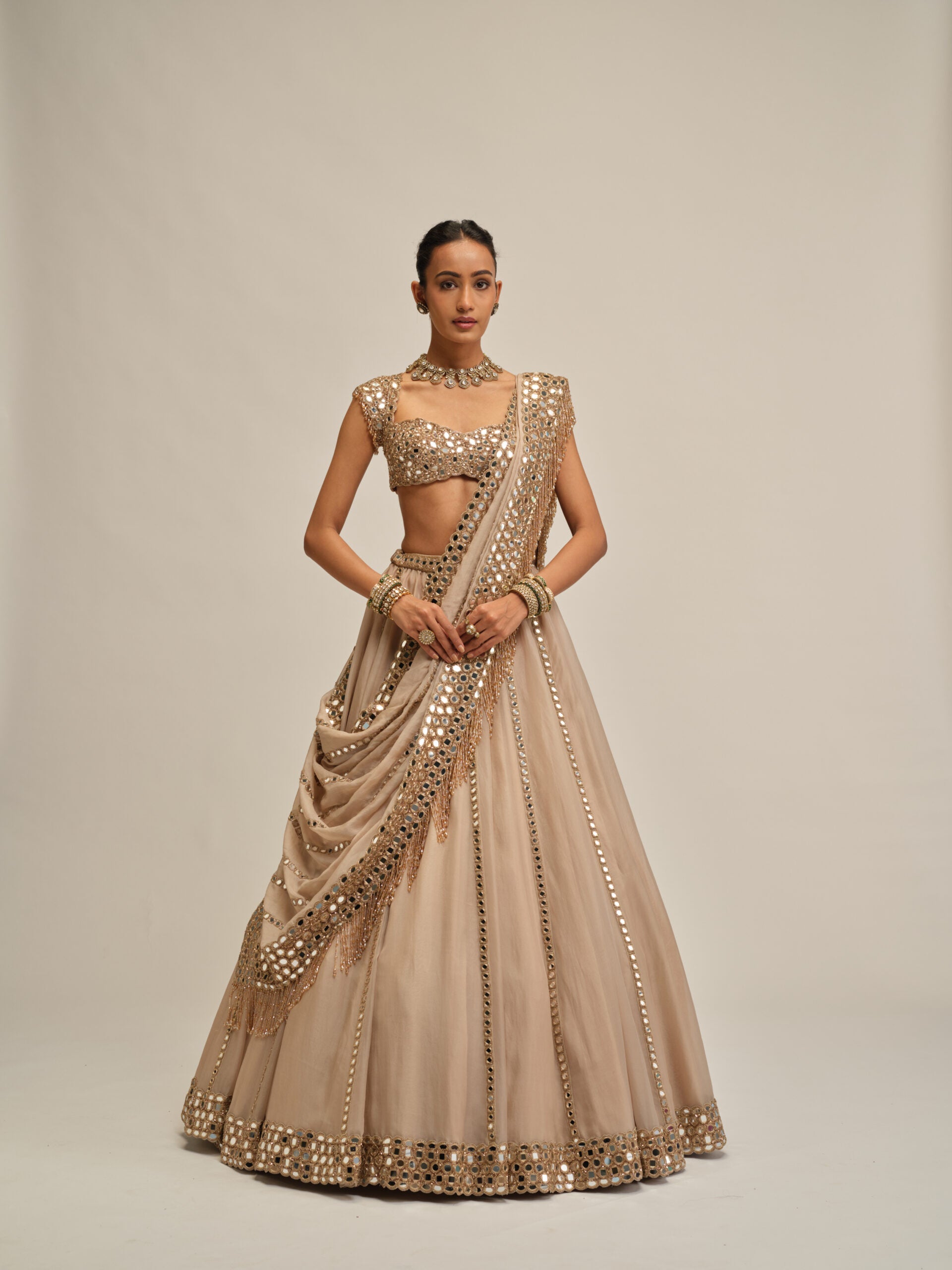 Light Beige Mirror Linear Embroiderd Lehenga Set 1