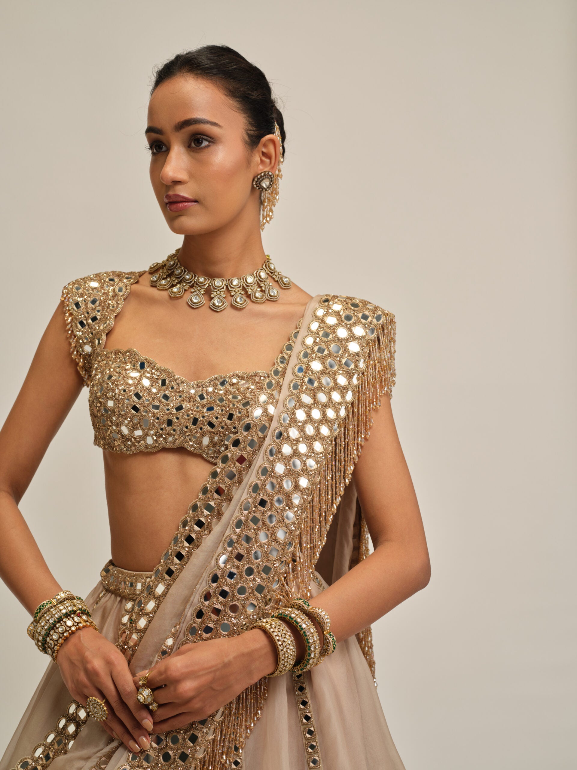 Light Beige Mirror Linear Embroiderd Lehenga Set 2
