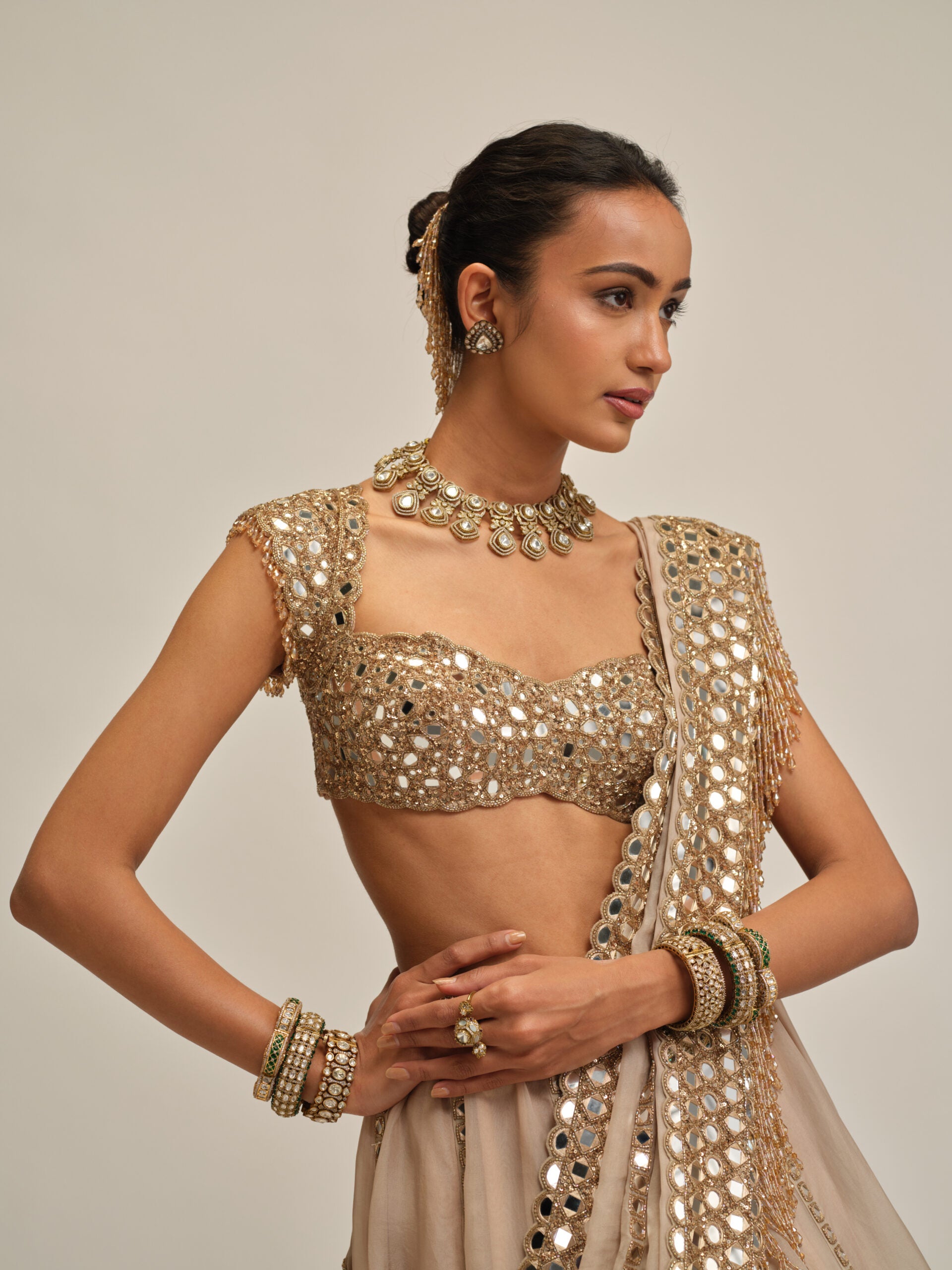 Light Beige Mirror Linear Embroiderd Lehenga Set 3