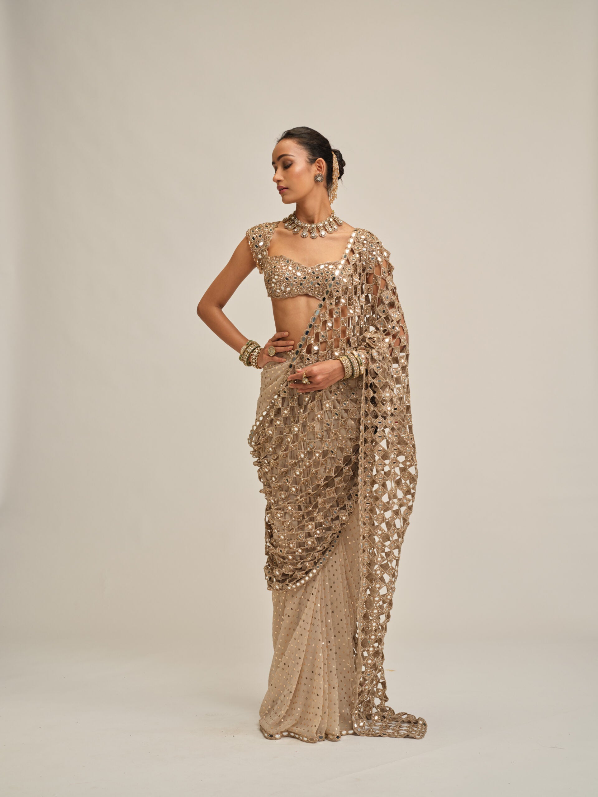 Light Beige Cutwork Pallu Saree Set 1