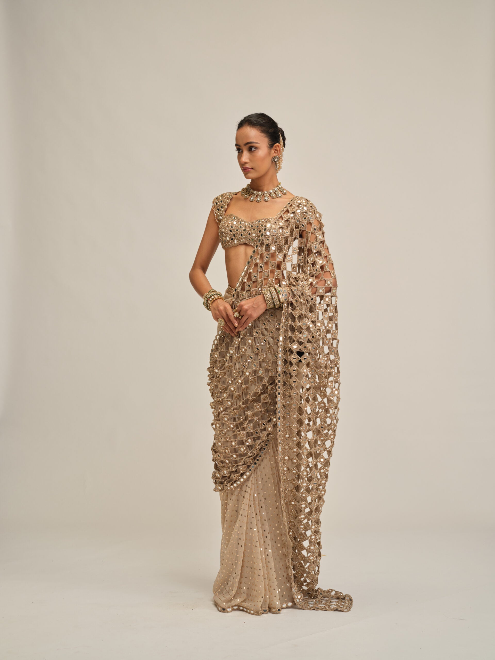 Light Beige Cutwork Pallu Saree Set 3