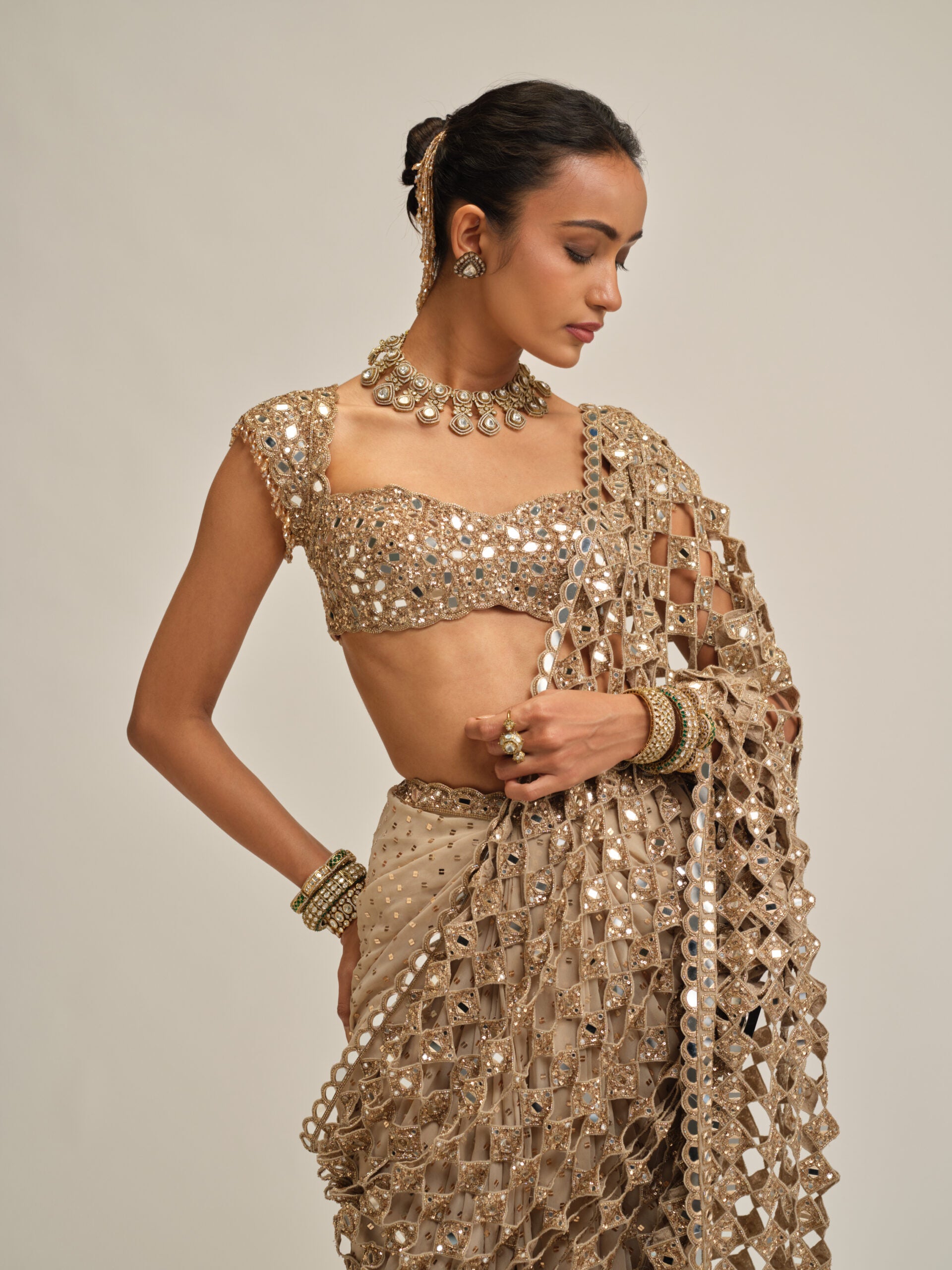 Light Beige Cutwork Pallu Saree Set 2