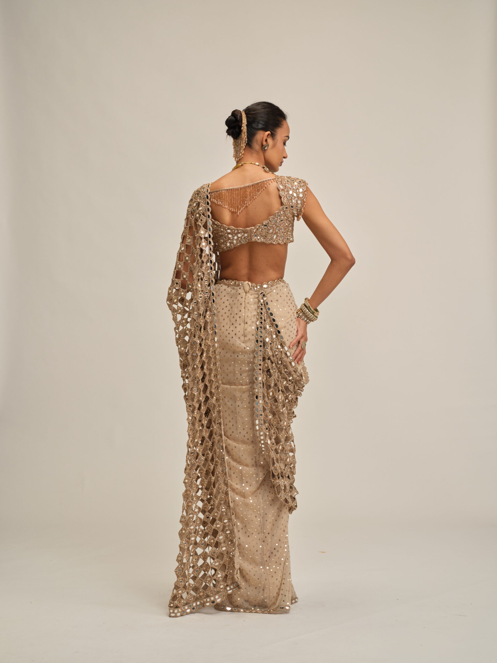 Light Beige Cutwork Pallu Saree Set 5