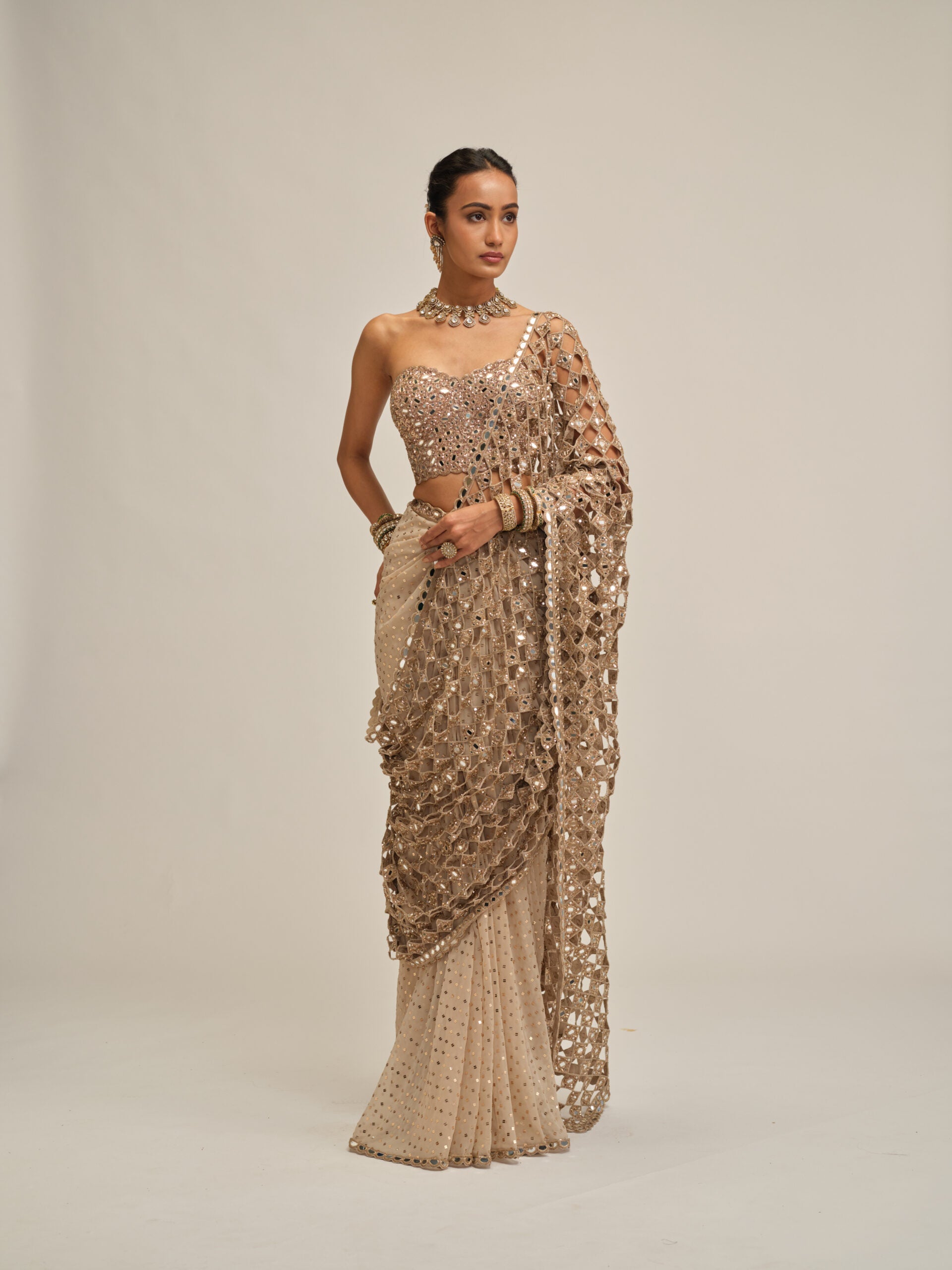 Light Beige Cutwork Pallu Saree With Corset Set 1