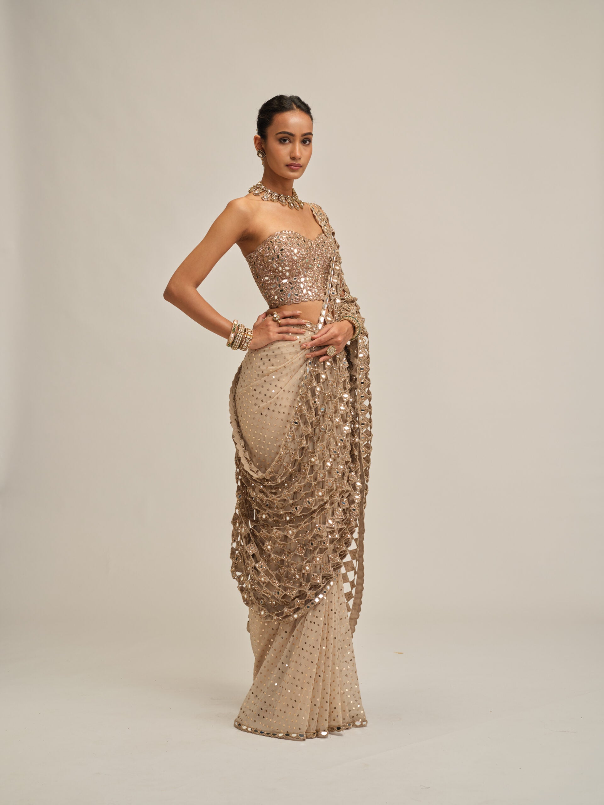 Light Beige Cutwork Pallu Saree With Corset Set 5