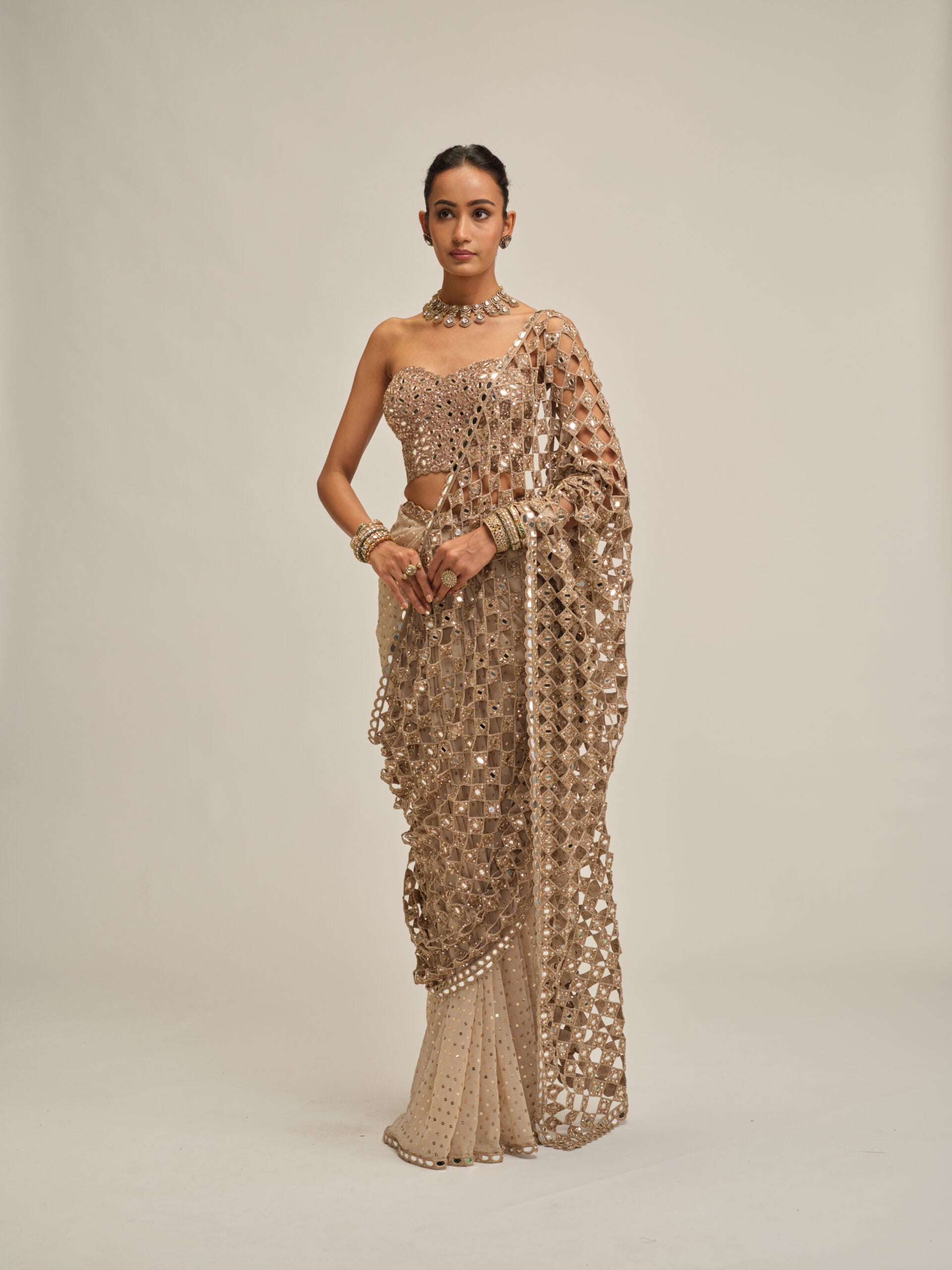 Light Beige Cutwork Pallu Saree With Corset Set 4