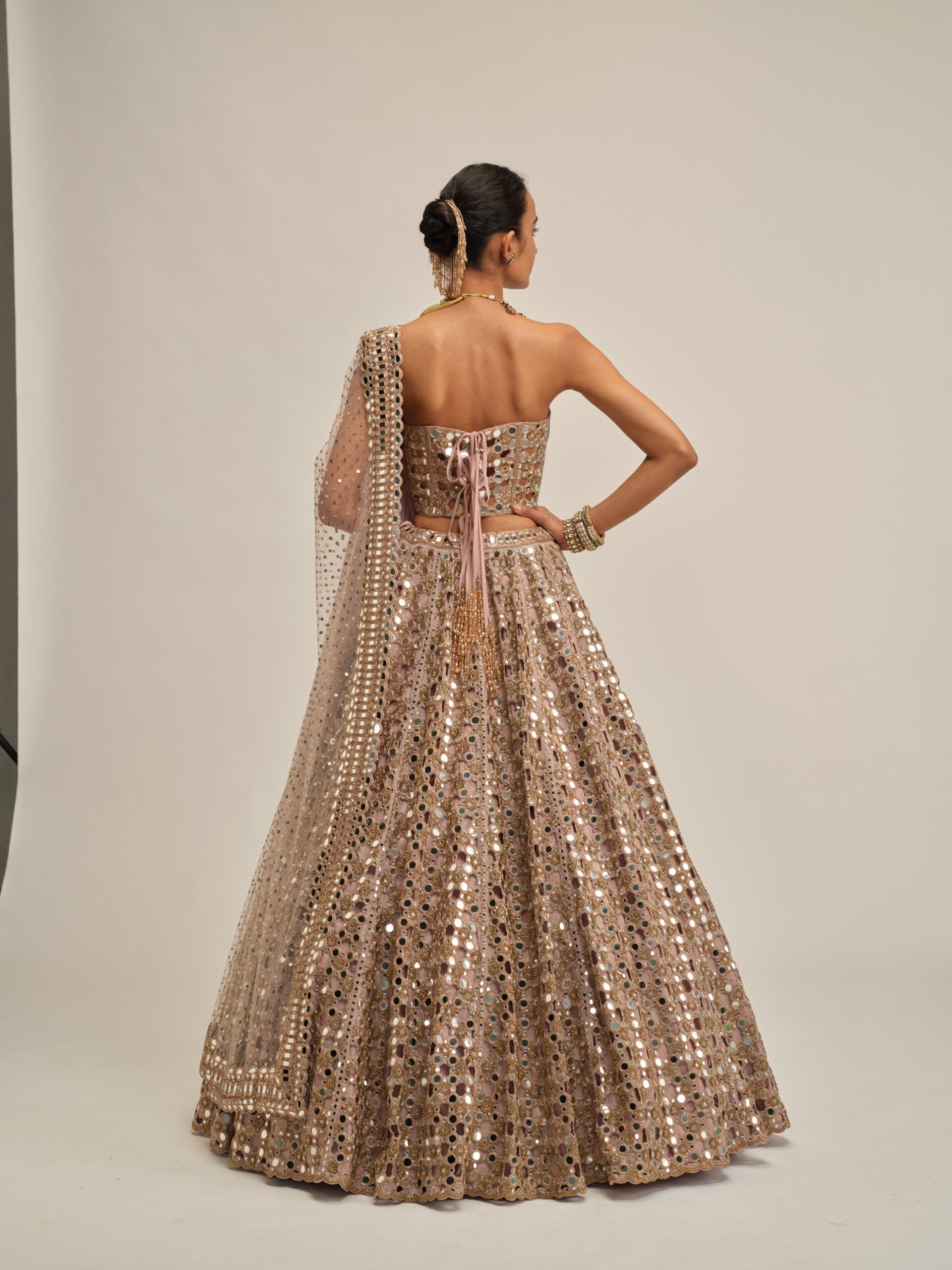 Ash Pink Dense Big Mirror Cutwork Lehenga With Corset Set 5