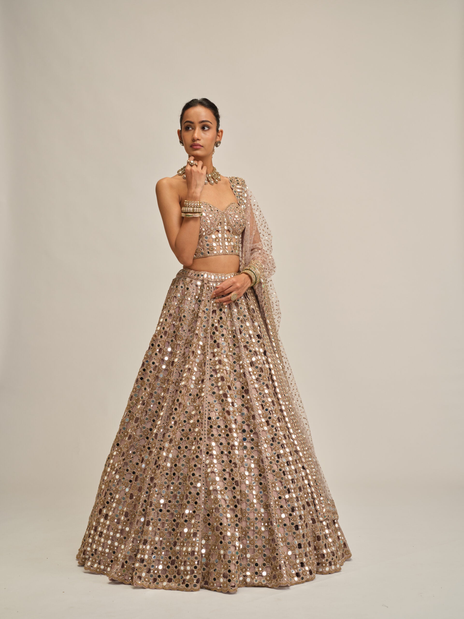 Ash Pink Dense Big Mirror Cutwork Lehenga With Corset Set 4