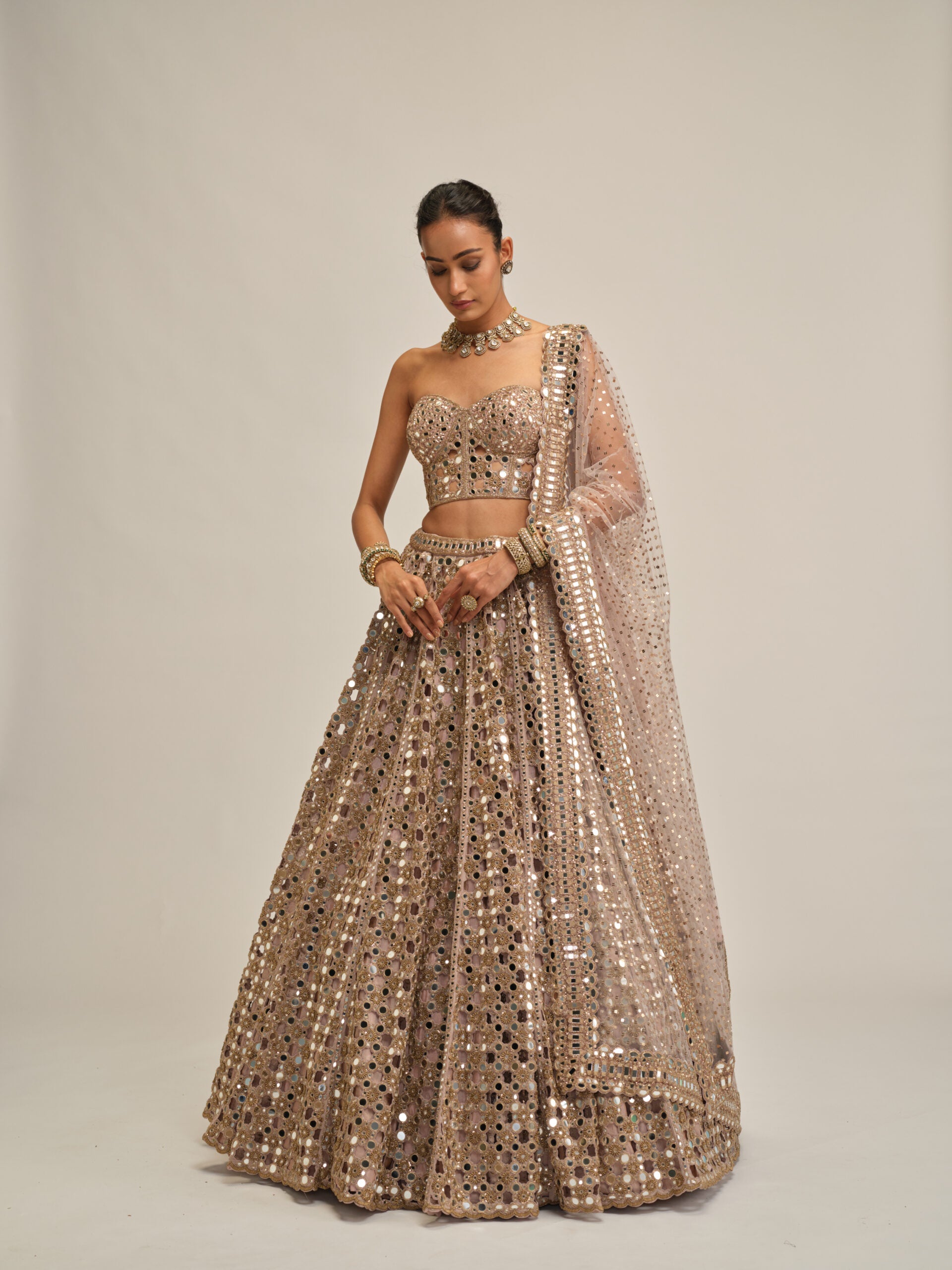 Ash Pink Dense Big Mirror Cutwork Lehenga With Corset Set 3
