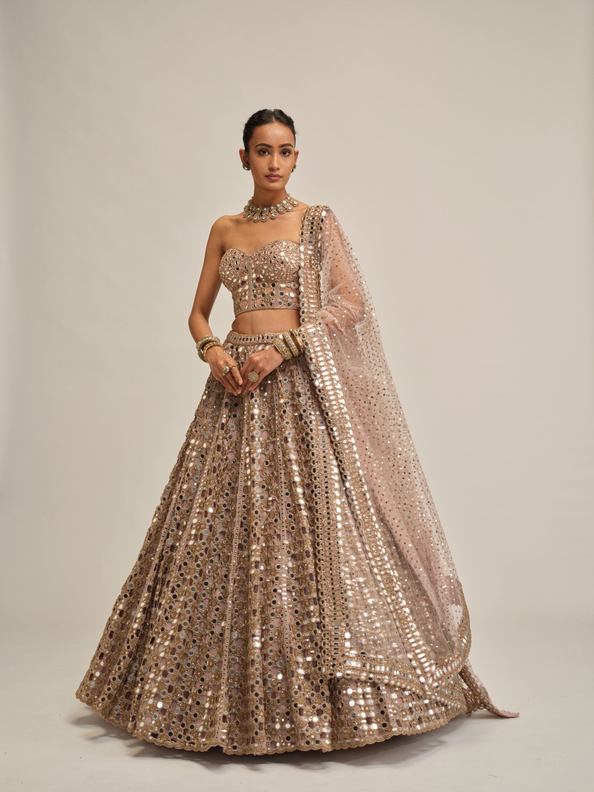 Ash Pink Dense Big Mirror Cutwork Lehenga With Corset Set 1