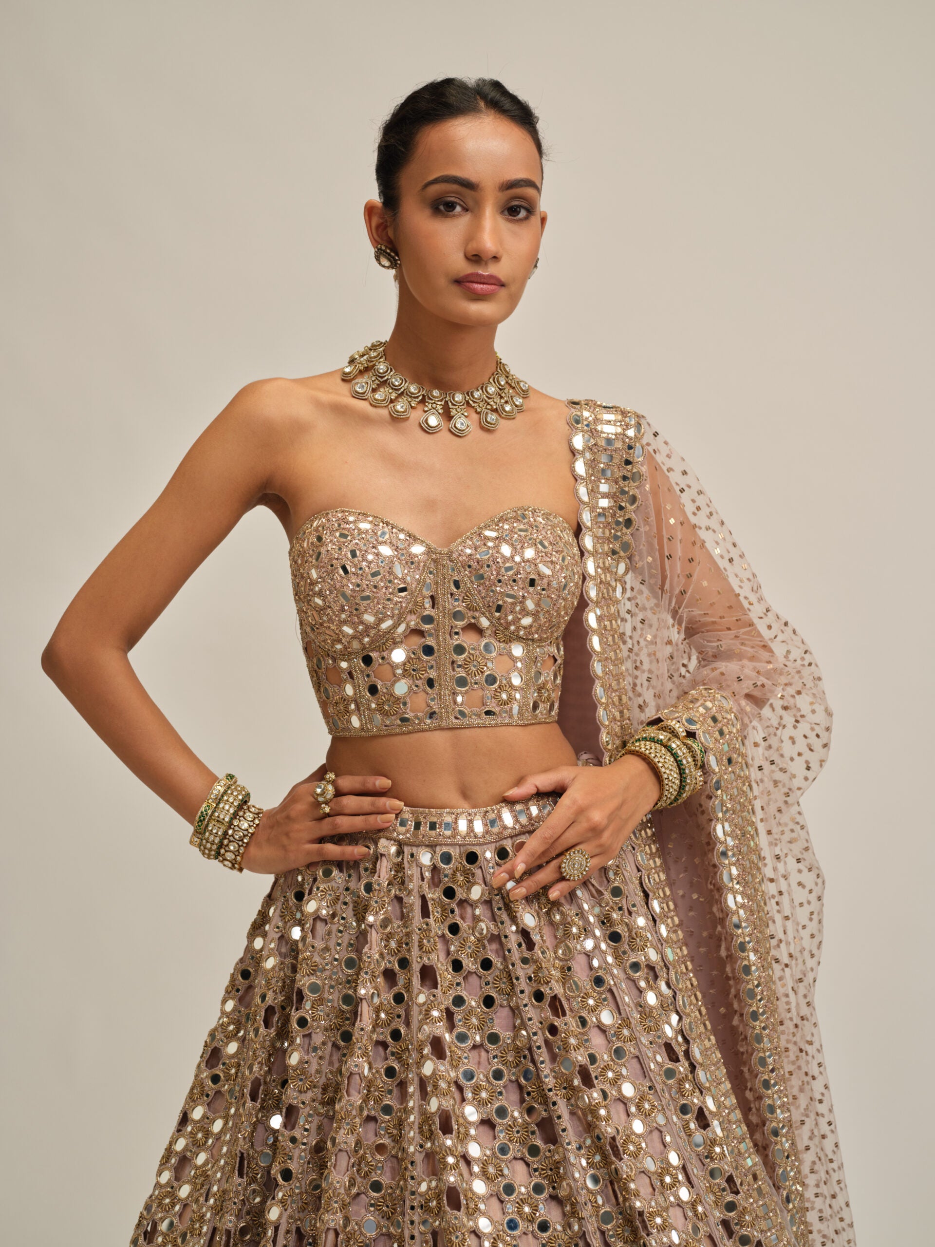 Ash Pink Dense Big Mirror Cutwork Lehenga With Corset Set 2