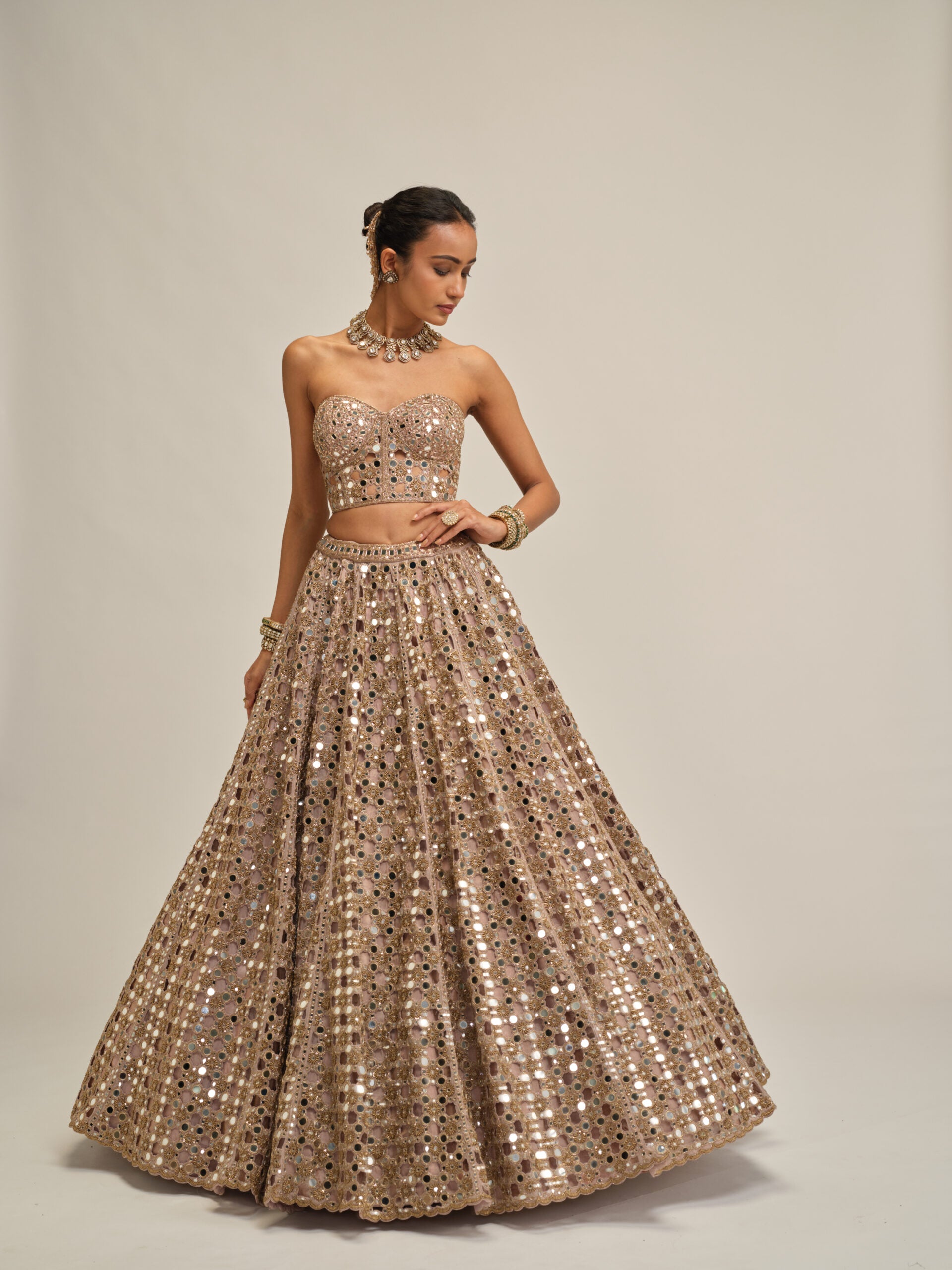 Ash Pink Dense Big Mirror Cutwork Crop Top Skirt Set 3